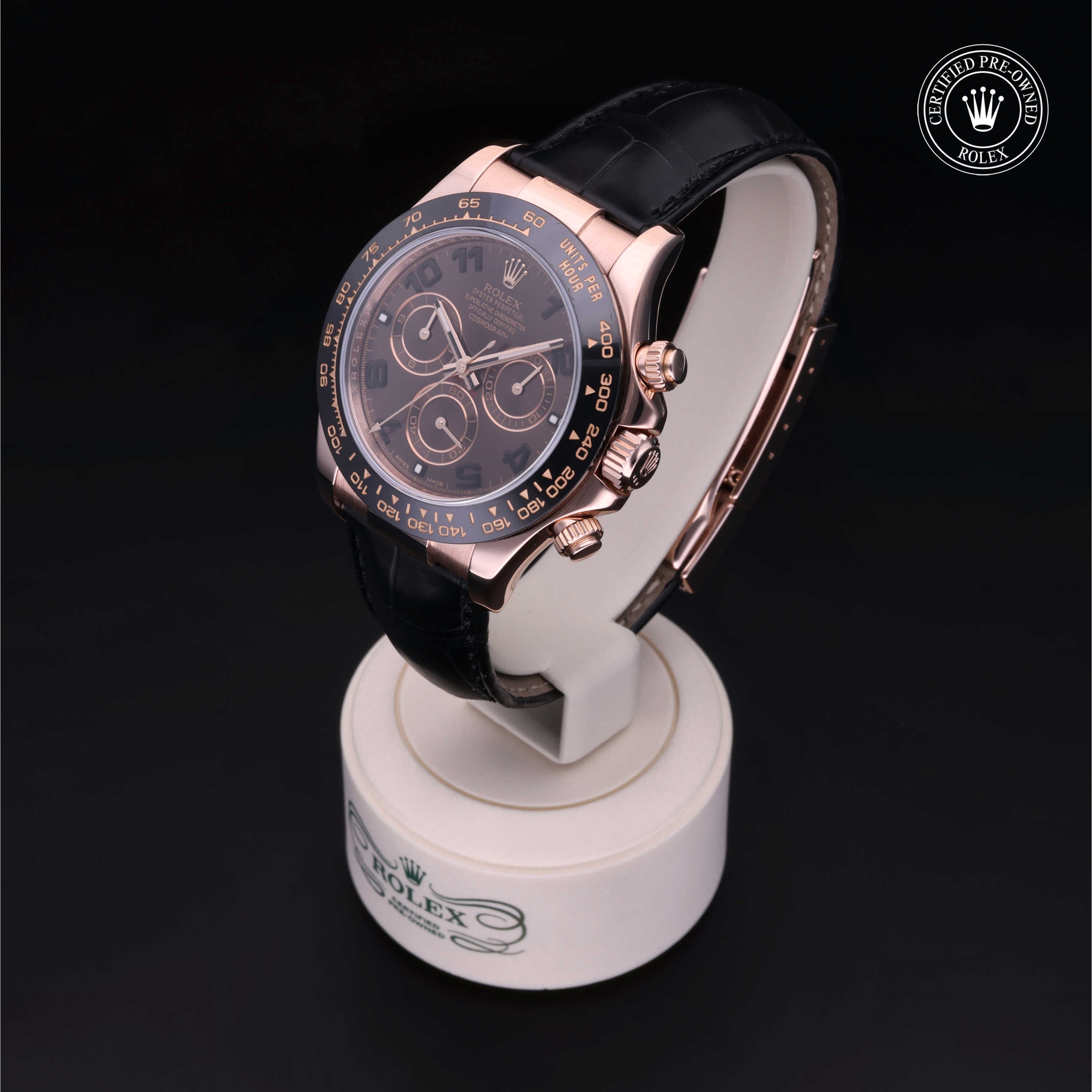 Rolex Certified Pre-owned Daytona M116515LN-0002 front on black background