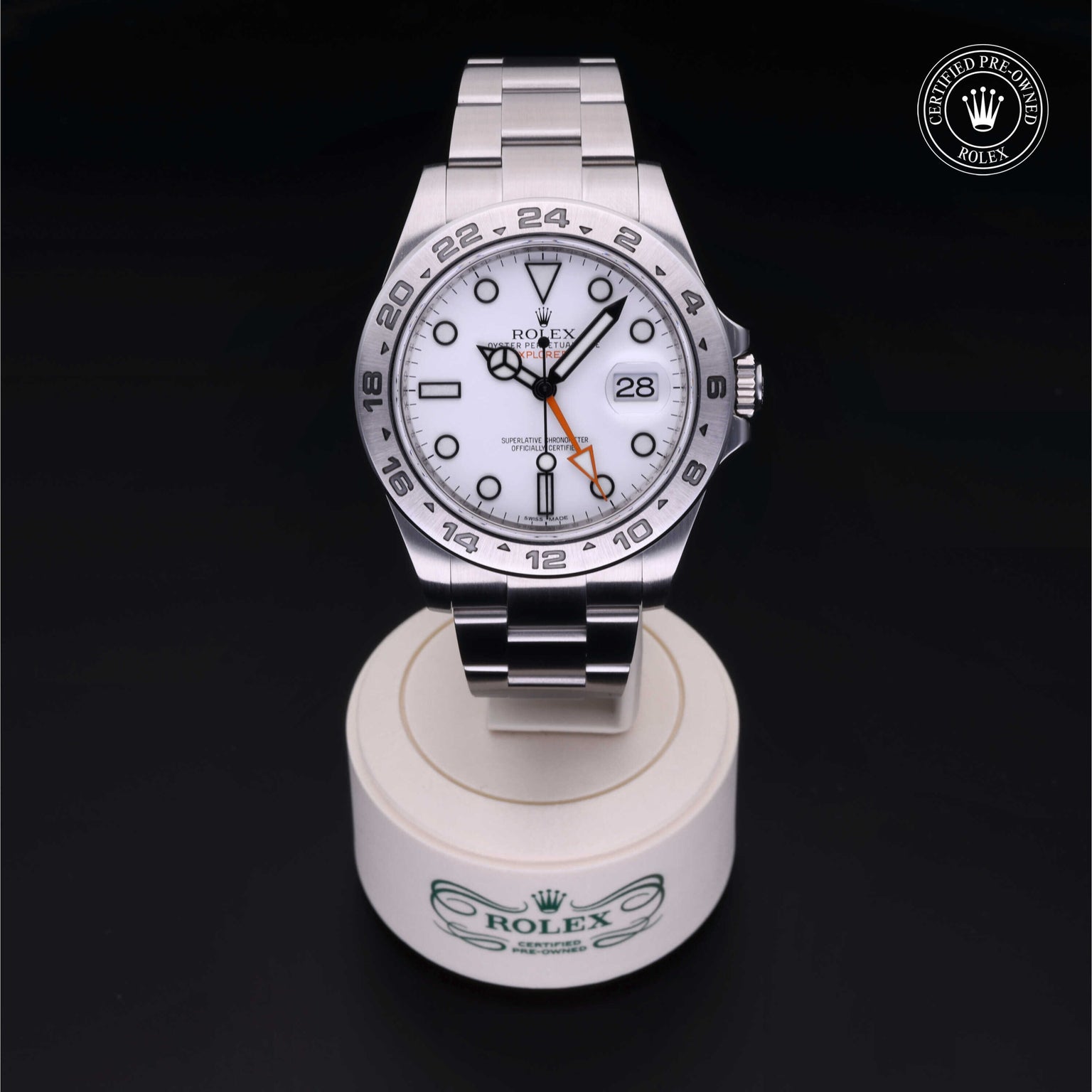 Rolex Certified Pre-owned Explorer M216570-0001 front on black background