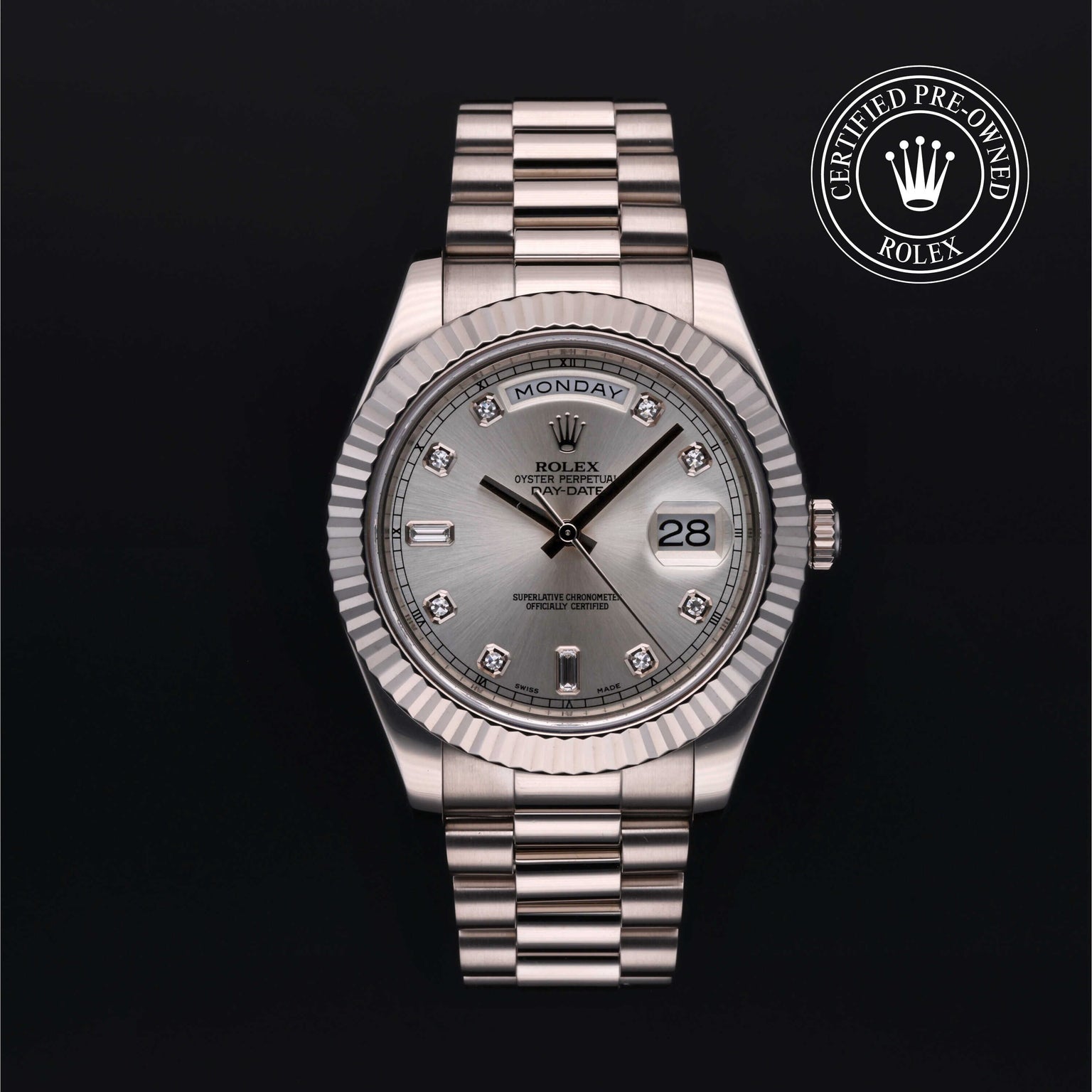Rolex Certified Pre-owned Daydate Ii M218239-0006 front on black background