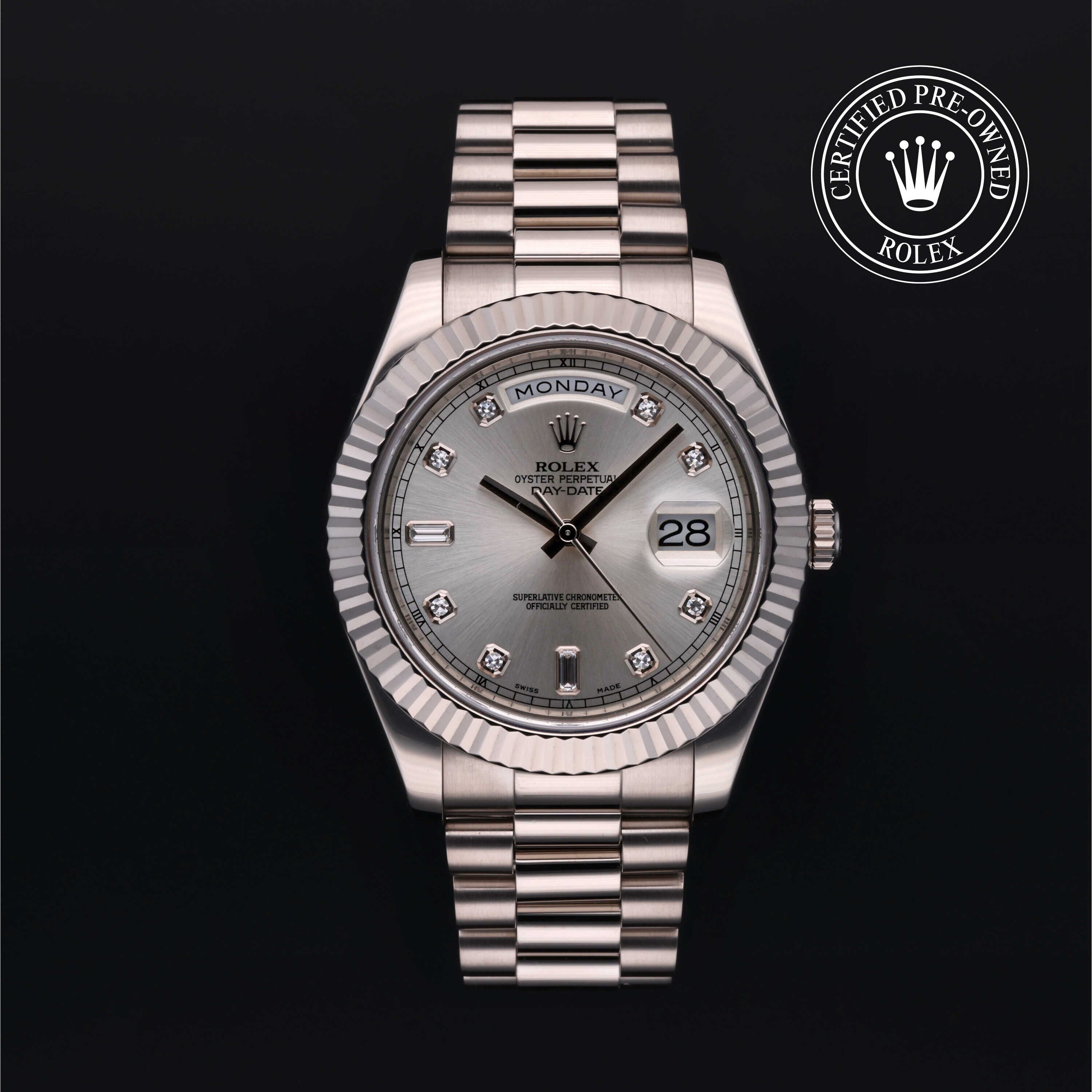 Rolex Certified Pre-owned Daydate Ii M218239-0006 front on black background