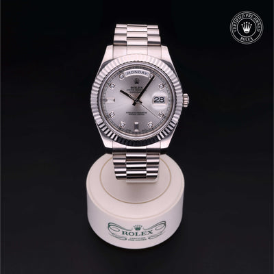 Rolex Certified Pre-owned Daydate Ii M218239-0006 front on black background