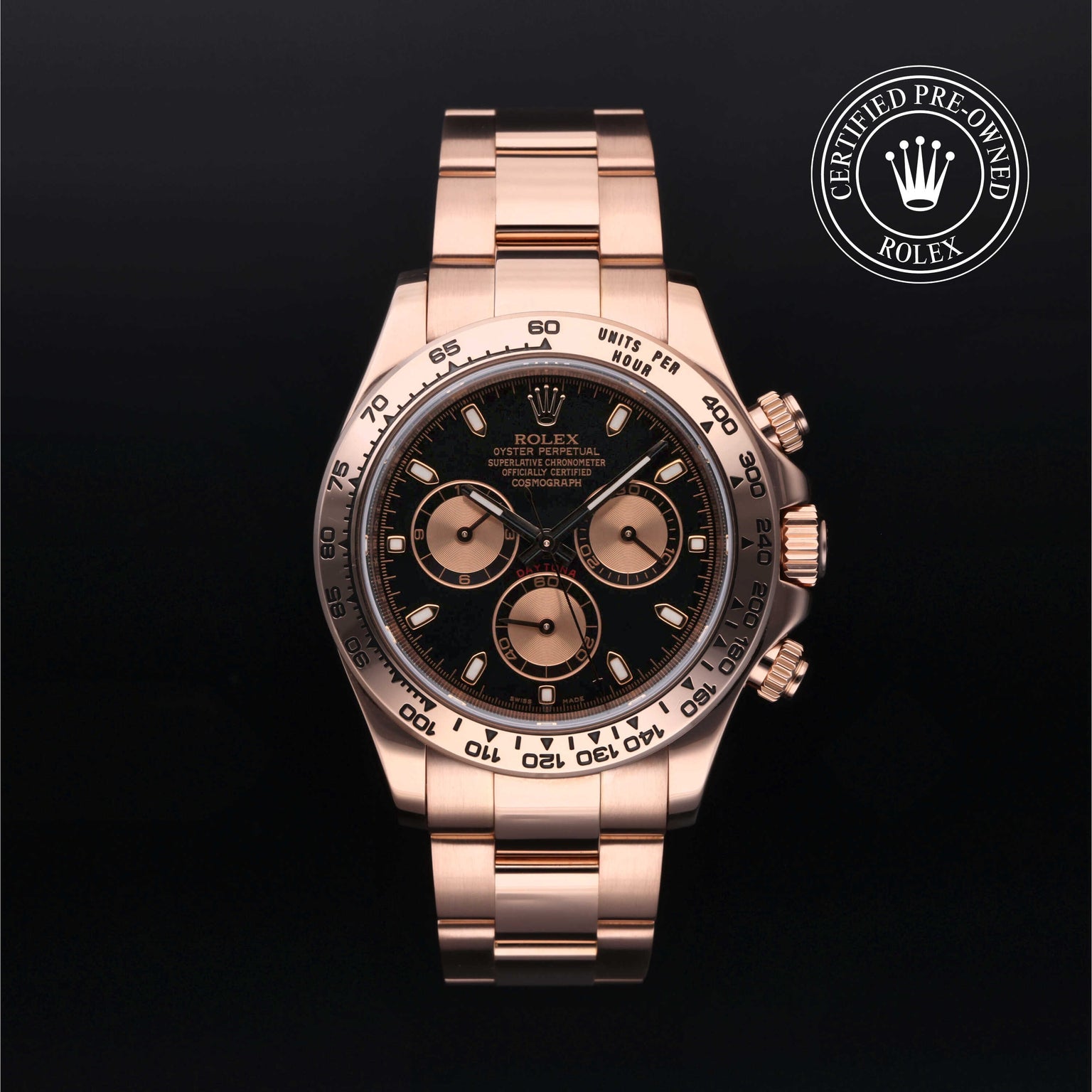 Rolex Certified Pre-owned Daytona M116505-0002 front on black background