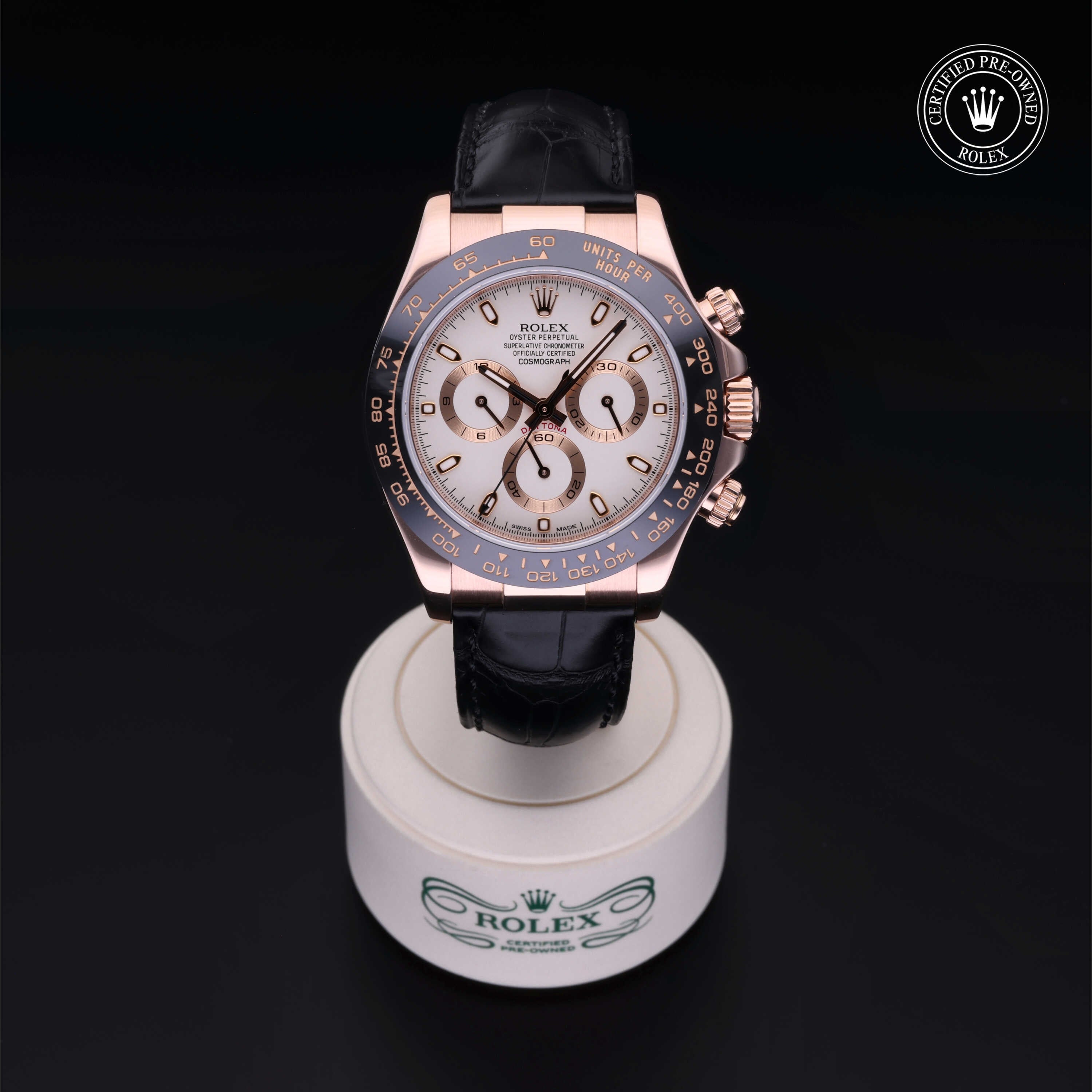 Rolex Certified Pre-owned Daytona M116515LN-0003 front on black background