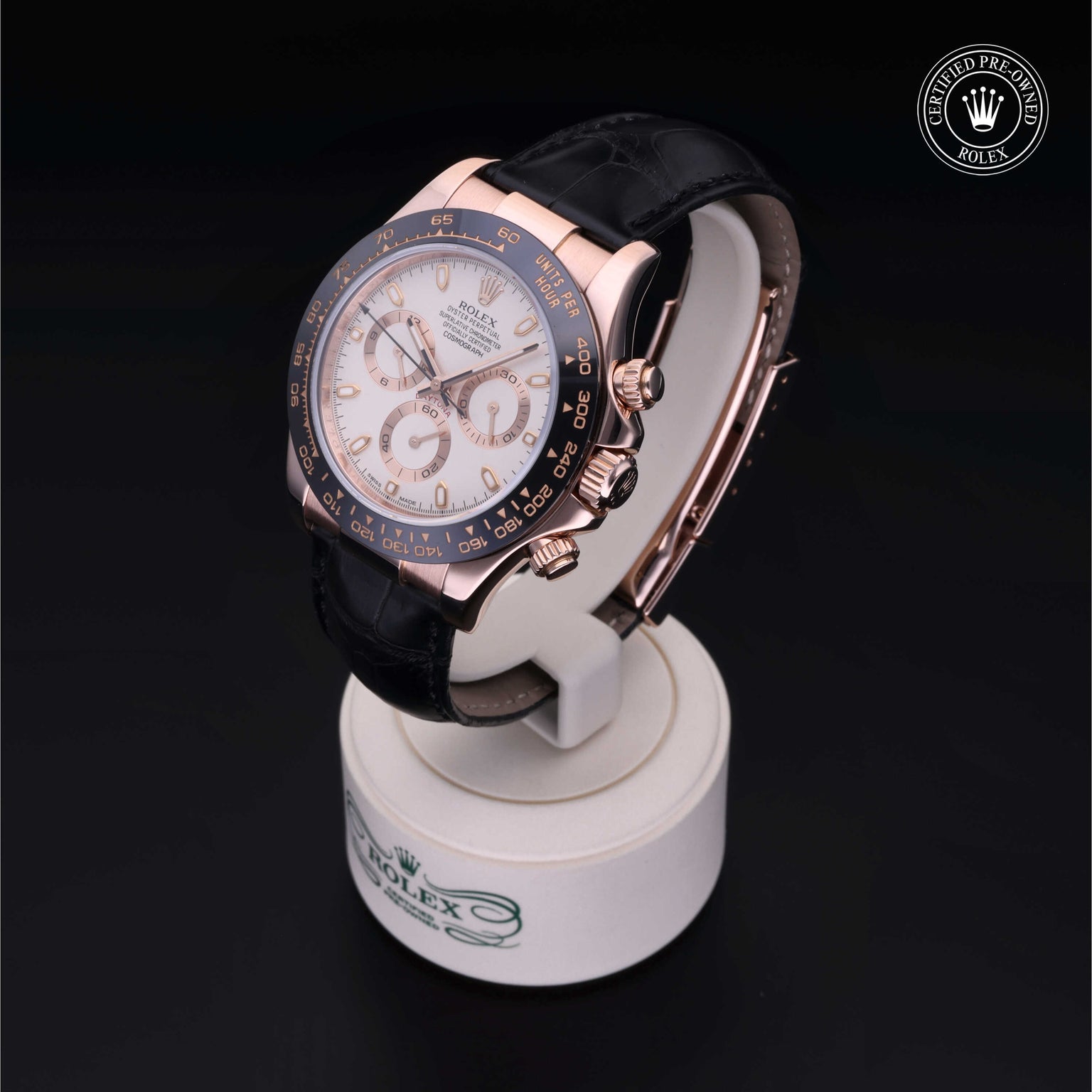Rolex Certified Pre-owned Daytona M116515LN-0003 front on black background