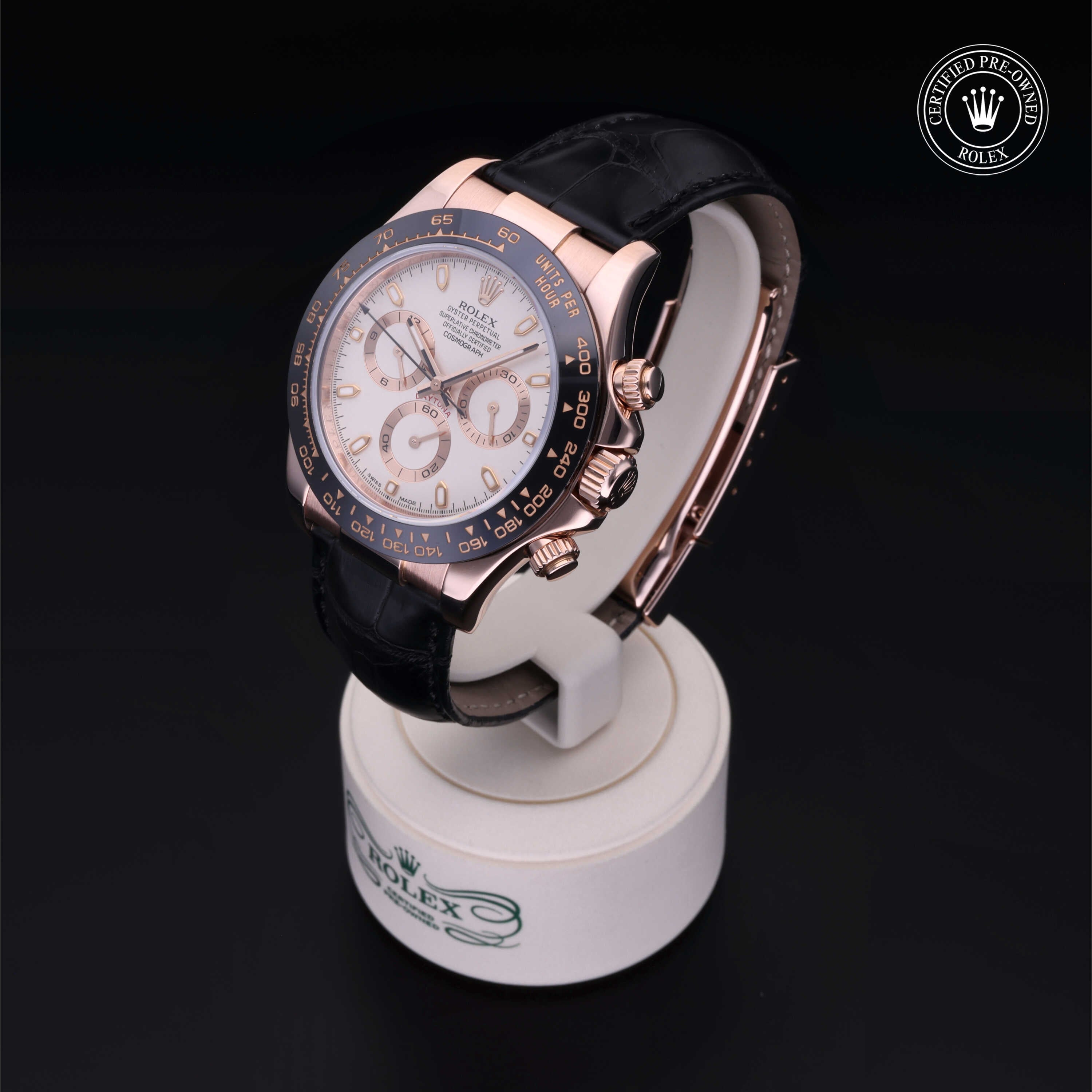 Rolex Certified Pre-owned Daytona M116515LN-0003 front on black background