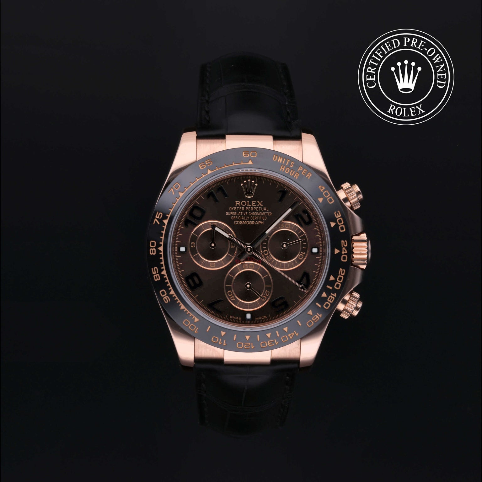 Rolex Certified Pre-owned Daytona M116515LN-0004 front on black background