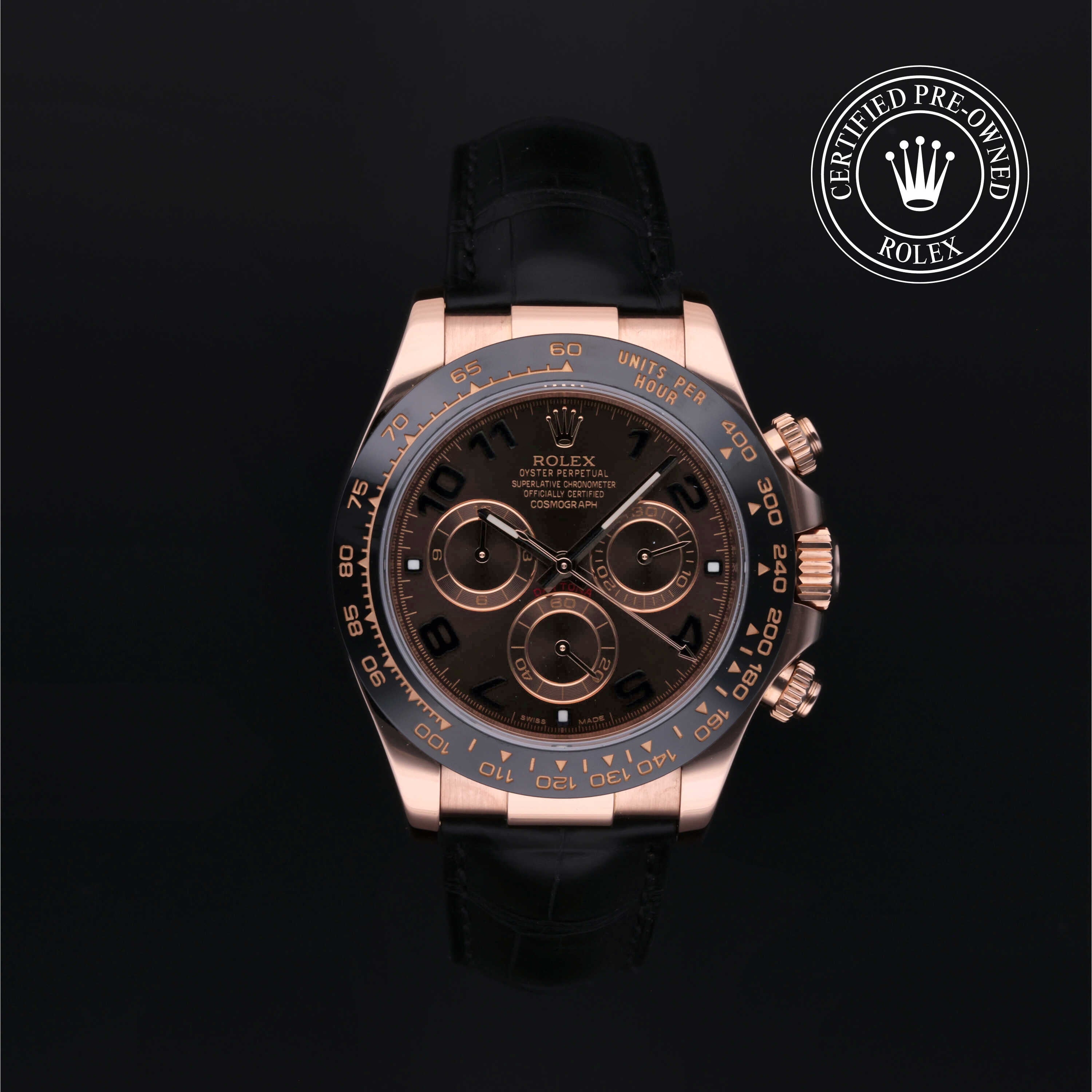 Rolex Certified Pre-owned Daytona M116515LN-0004 front on black background