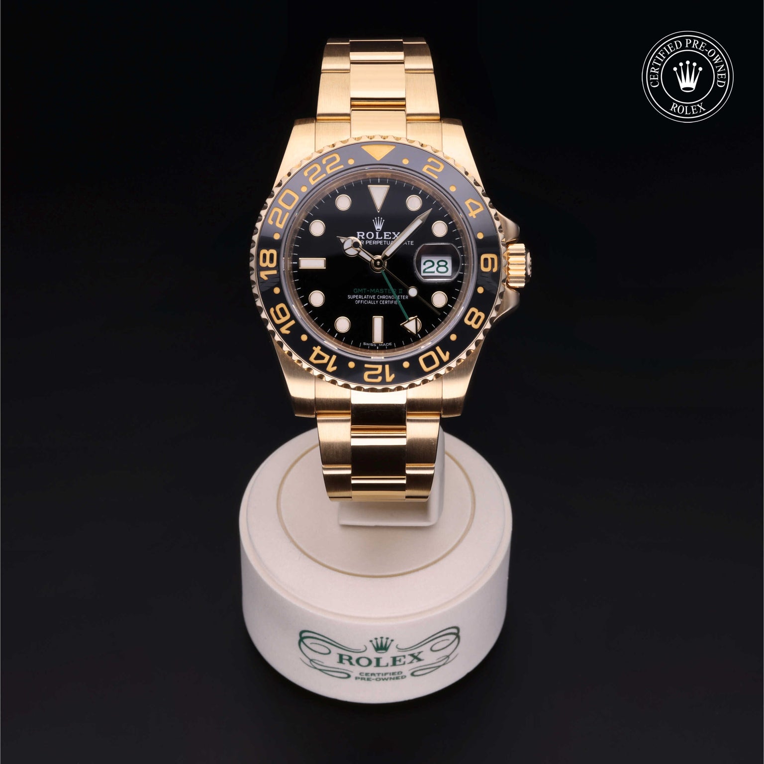 Rolex Certified Pre-owned GMT II M116718LN-0002 front on black background