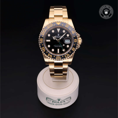 Rolex Certified Pre-owned GMT II M116718LN-0002 front on black background