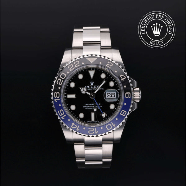 Rolex Certified Pre-owned GMT M116710BLNR-0002 front on black background