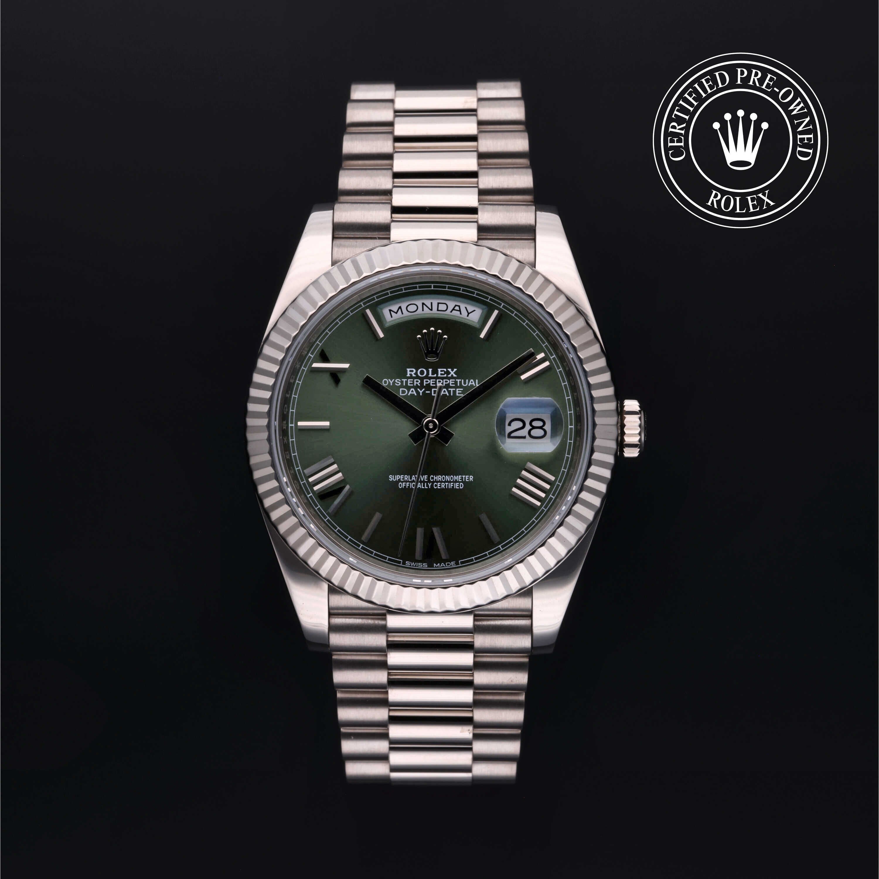 Rolex Certified Pre-owned Day-date M228239-0033 front on black background