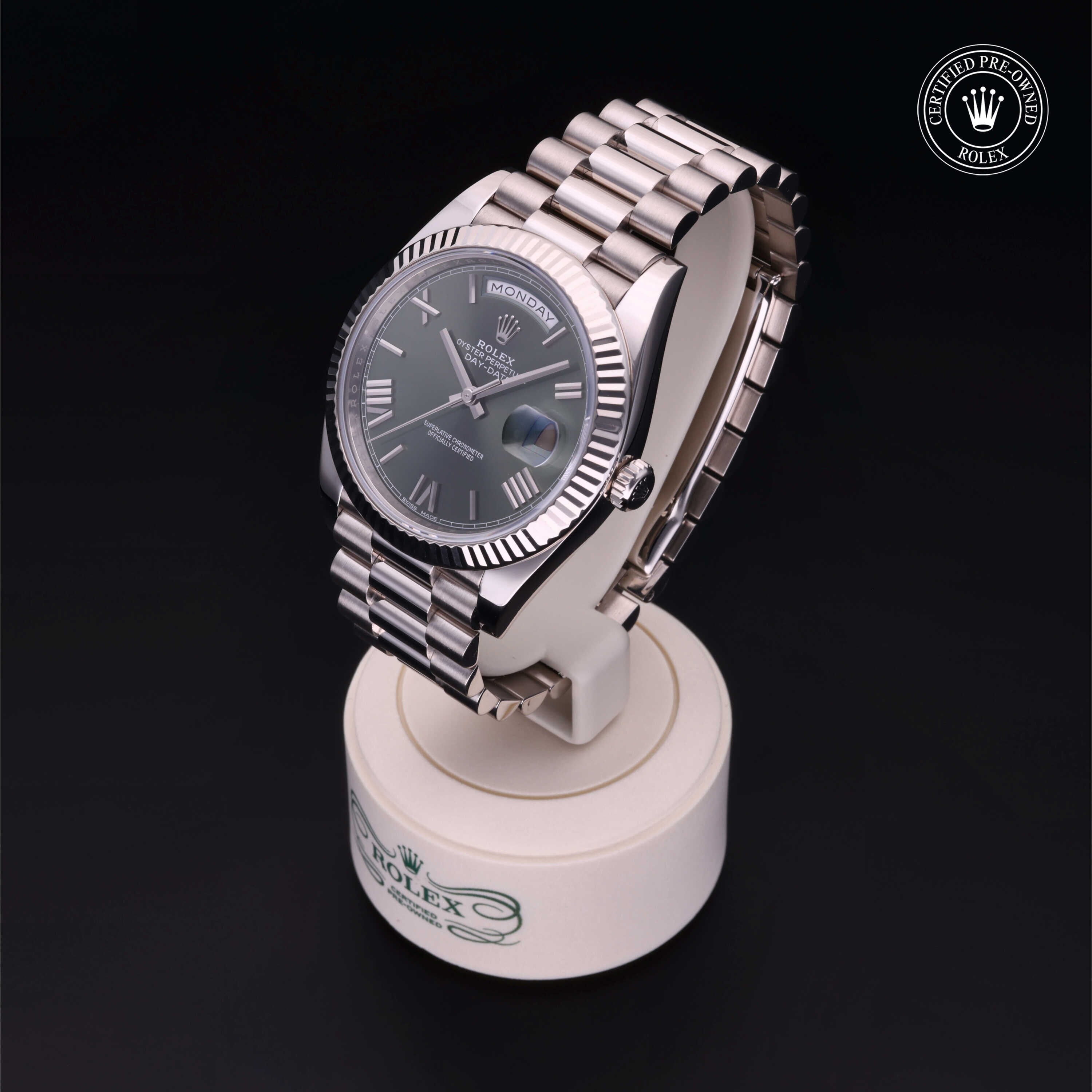 Rolex Certified Pre-owned Day-date M228239-0033 front on black background