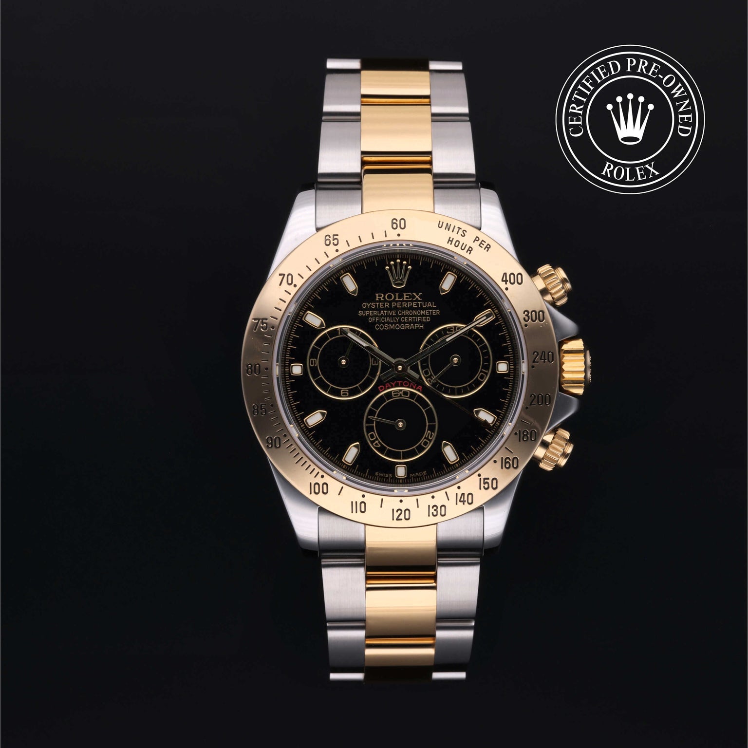 Rolex Certified Pre-owned Daytona M116523-0028 front on black background
