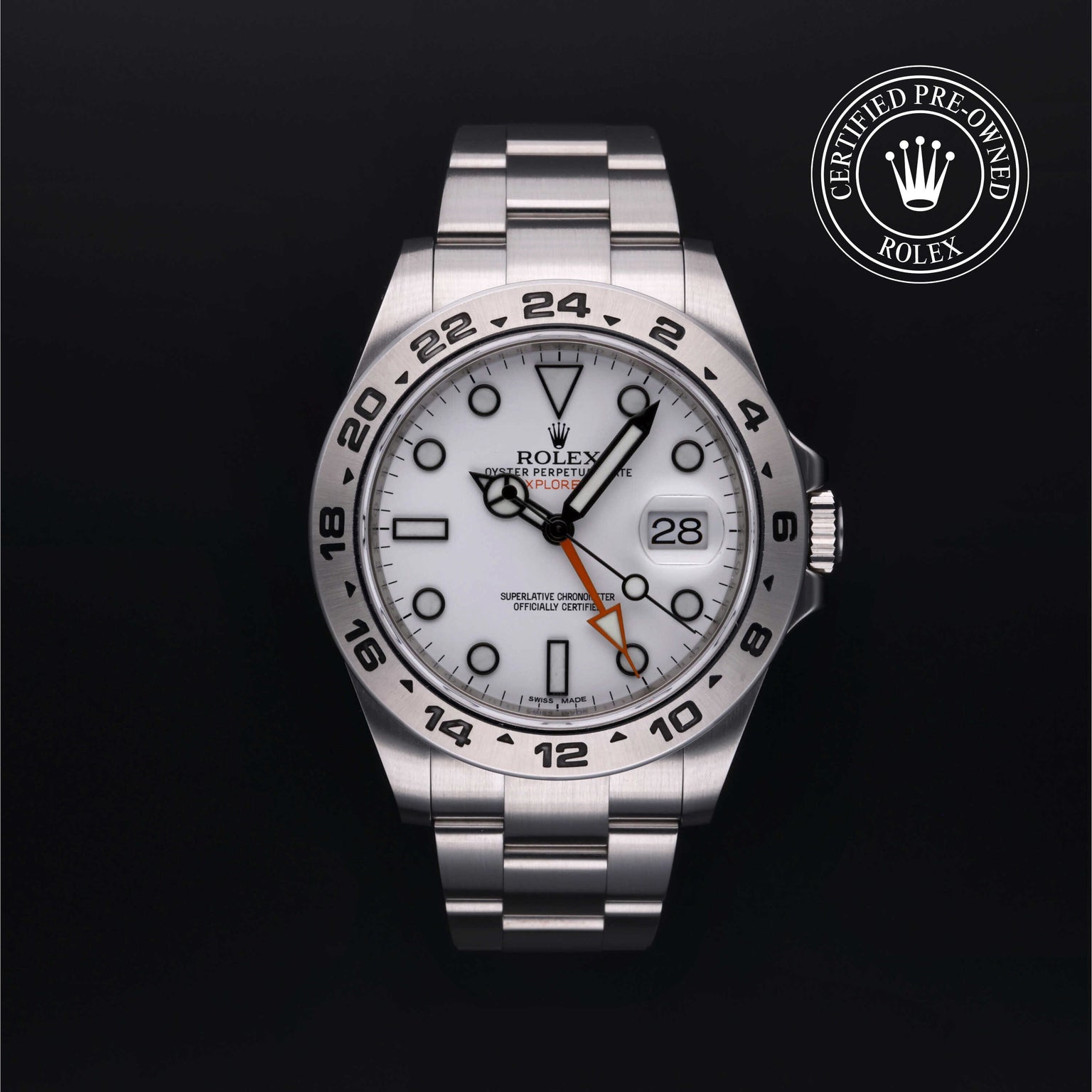 Rolex Certified Pre-owned Explorer II M216570-0001 front on black background