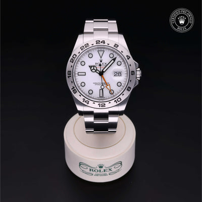 Rolex Certified Pre-owned Explorer II M216570-0001 front on black background