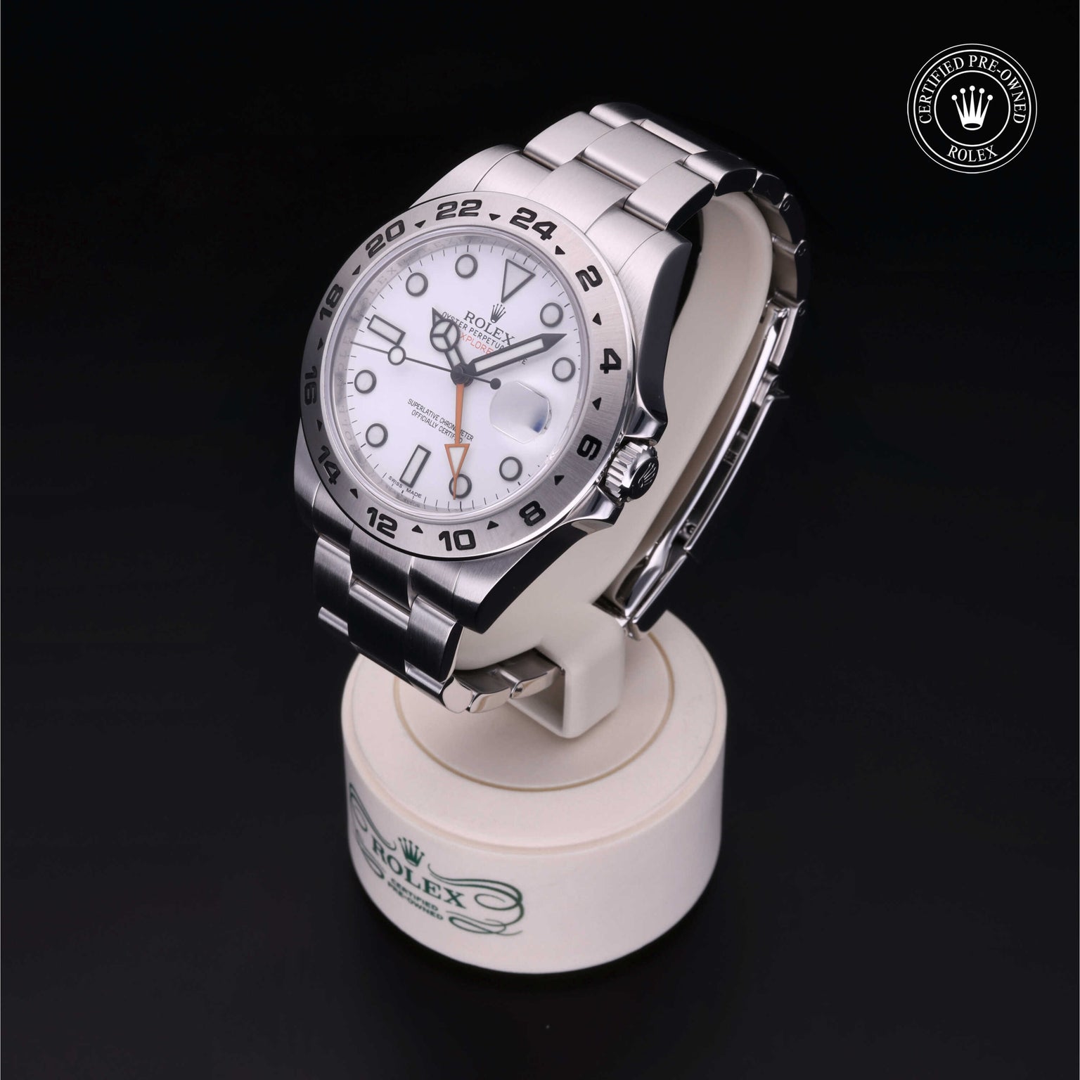 Rolex Certified Pre-owned Explorer II M216570-0001 front on black background