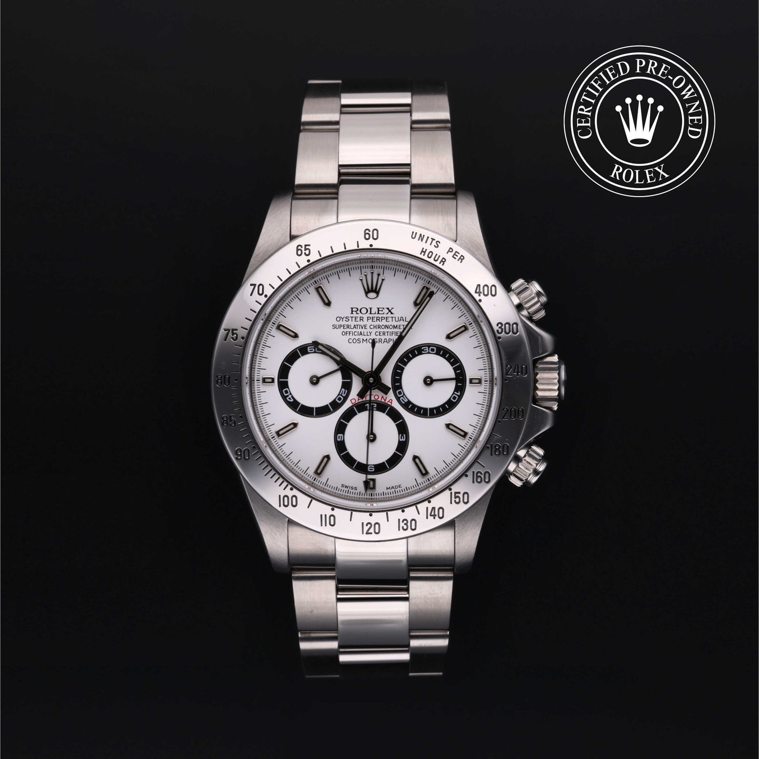 Rolex Certified Pre-owned Daytona M16520-0001 front on black background