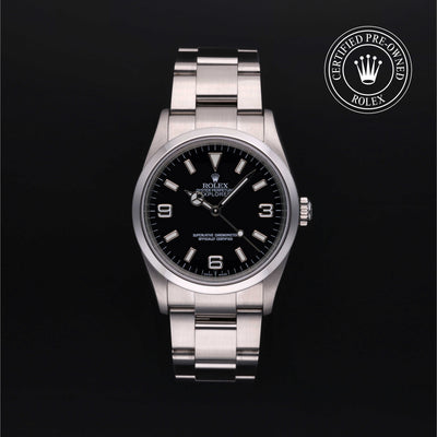 Rolex Certified Pre-owned Explorer M114270-0002 front on black background