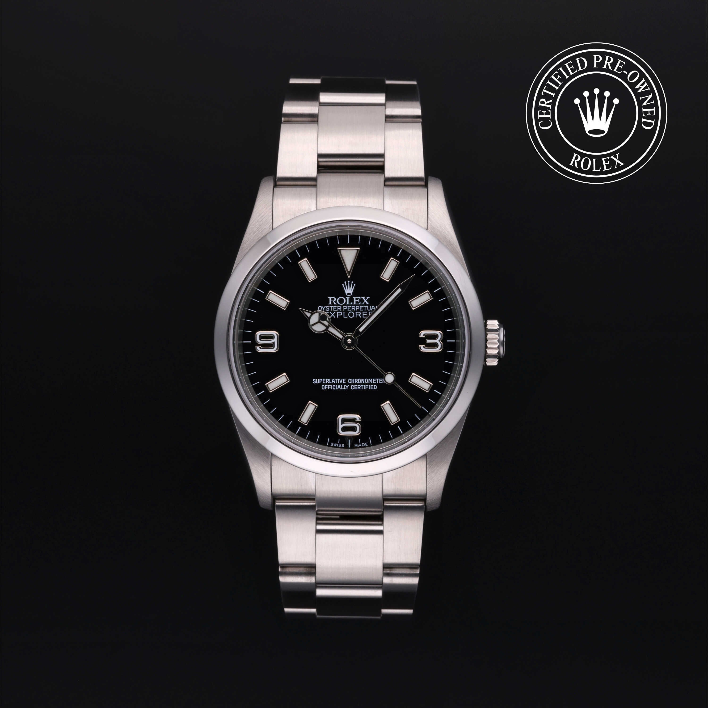 Rolex Certified Pre-owned Explorer M114270-0002 front on black background