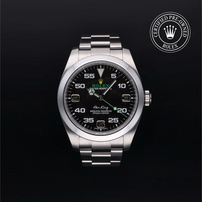 Rolex Certified Pre-owned Air-King M116900-0001 front on black background