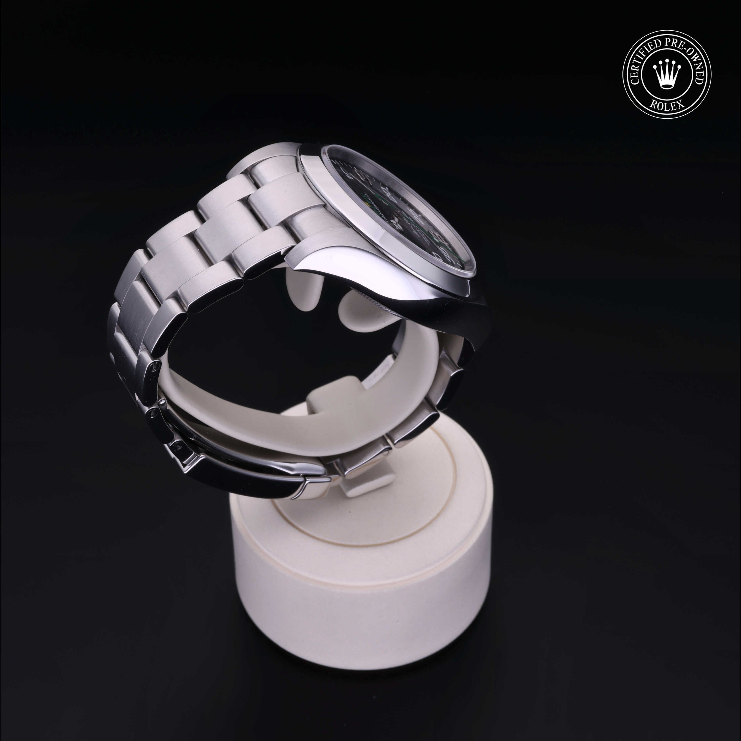 Rolex Certified Pre-owned Air-King M116900-0001 front on black background