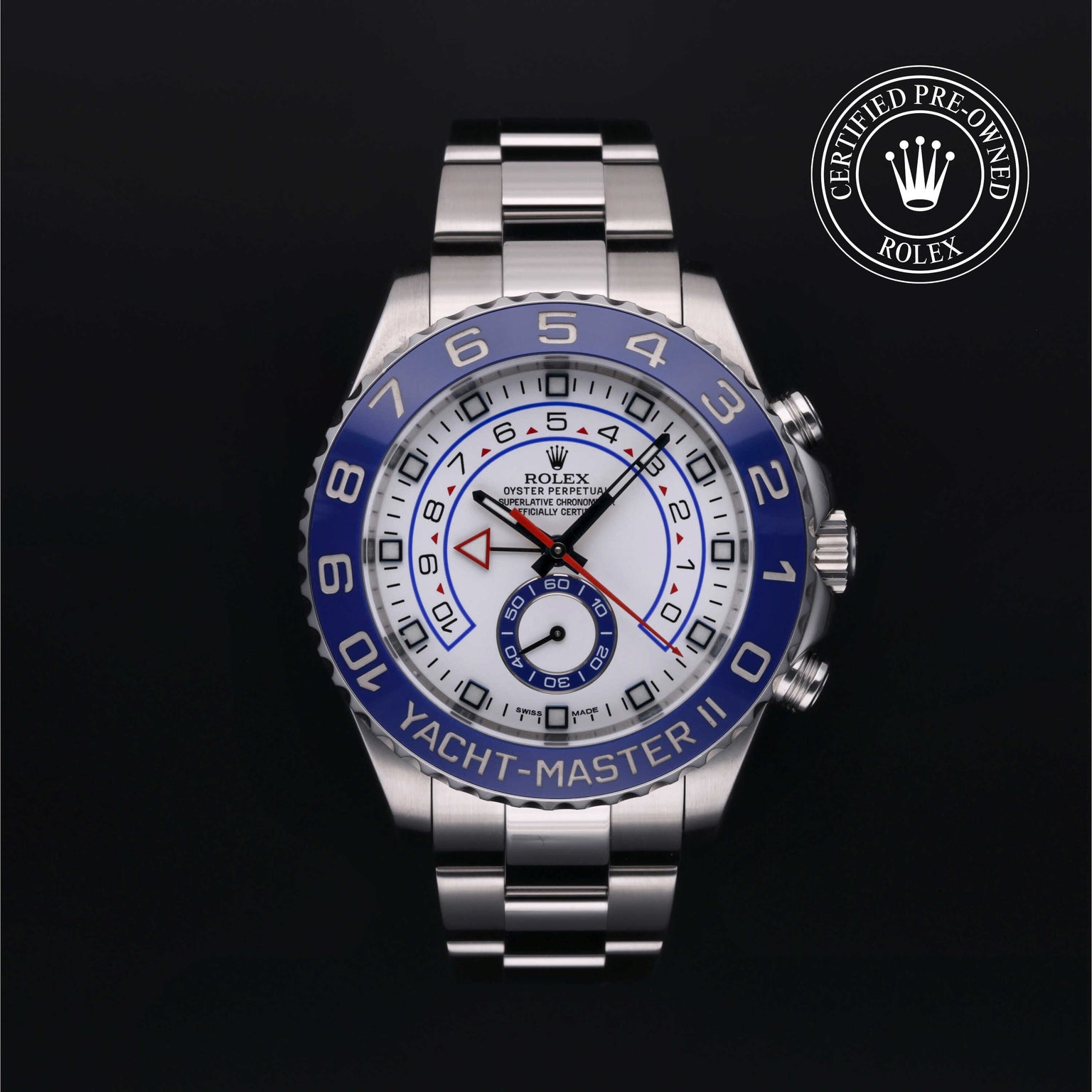 Rolex Certified Pre-owned Yacht-Master II M116680-0001 front on black background