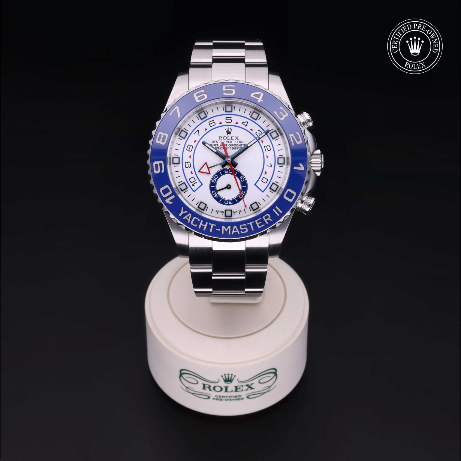 Rolex Certified Pre-owned Yacht-Master II M116680-0001 front on black background