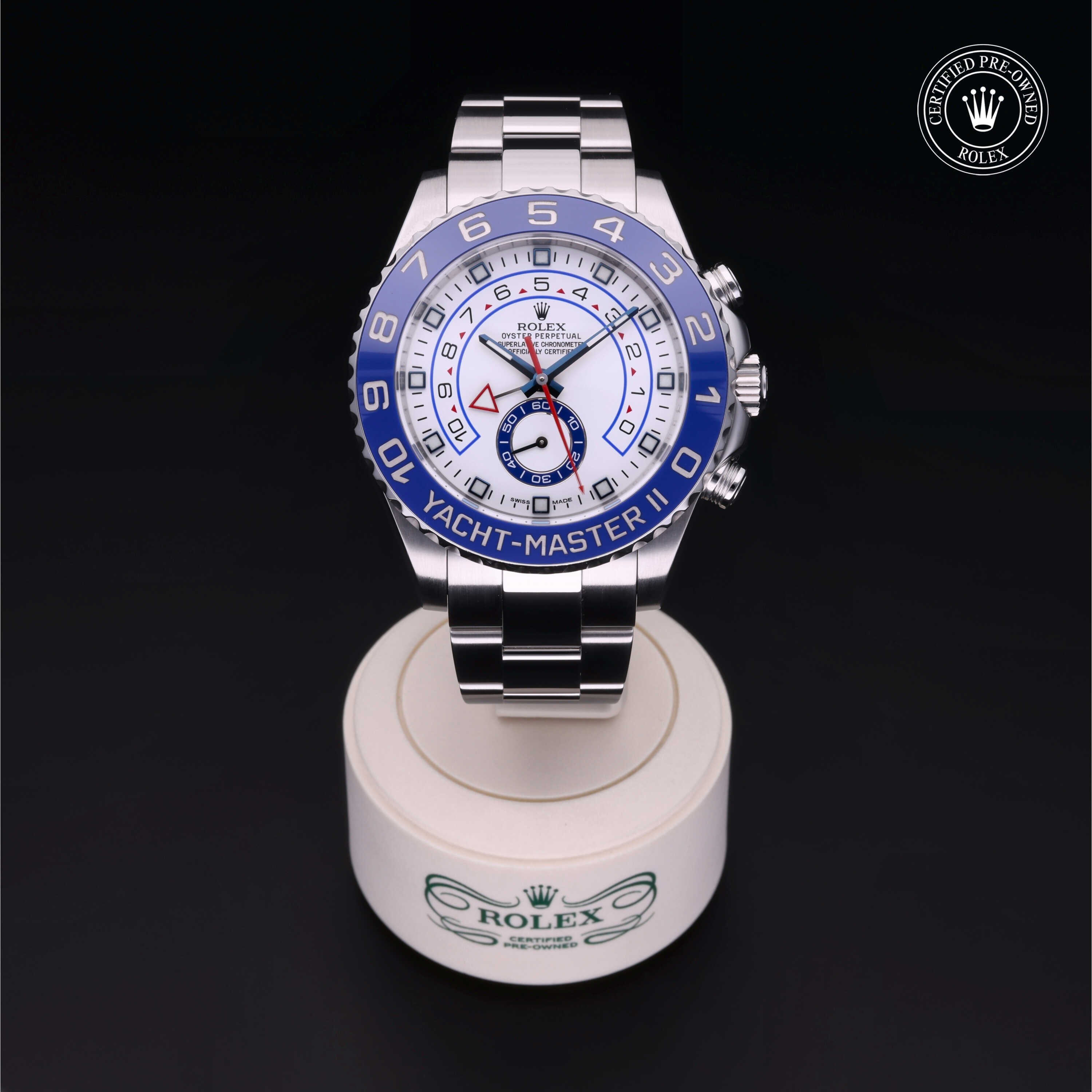 Rolex Certified Pre-owned Yacht-Master II M116680-0001 front on black background