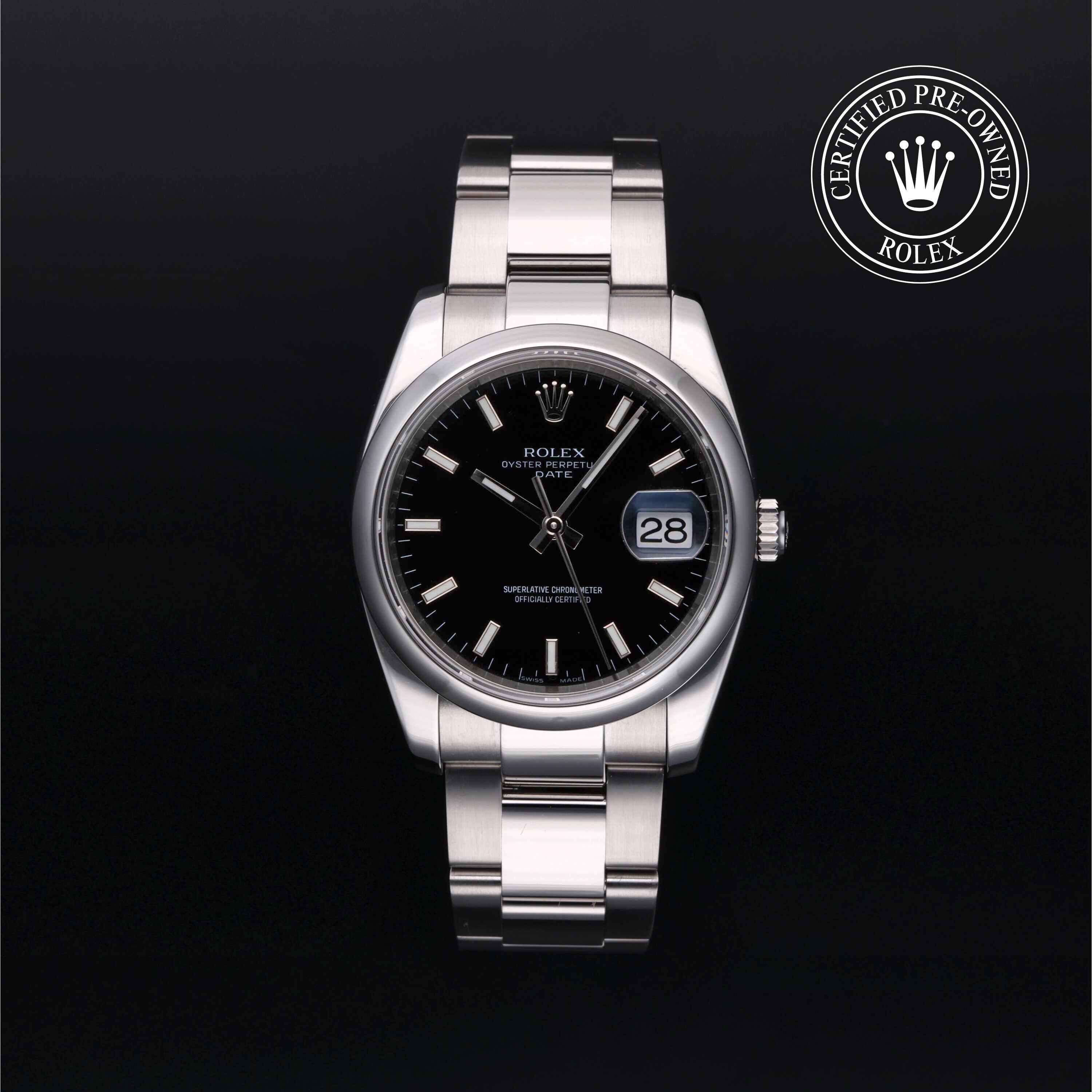 Rolex Certified Pre-owned Oyster Perpetual M115200-0004 front on black background