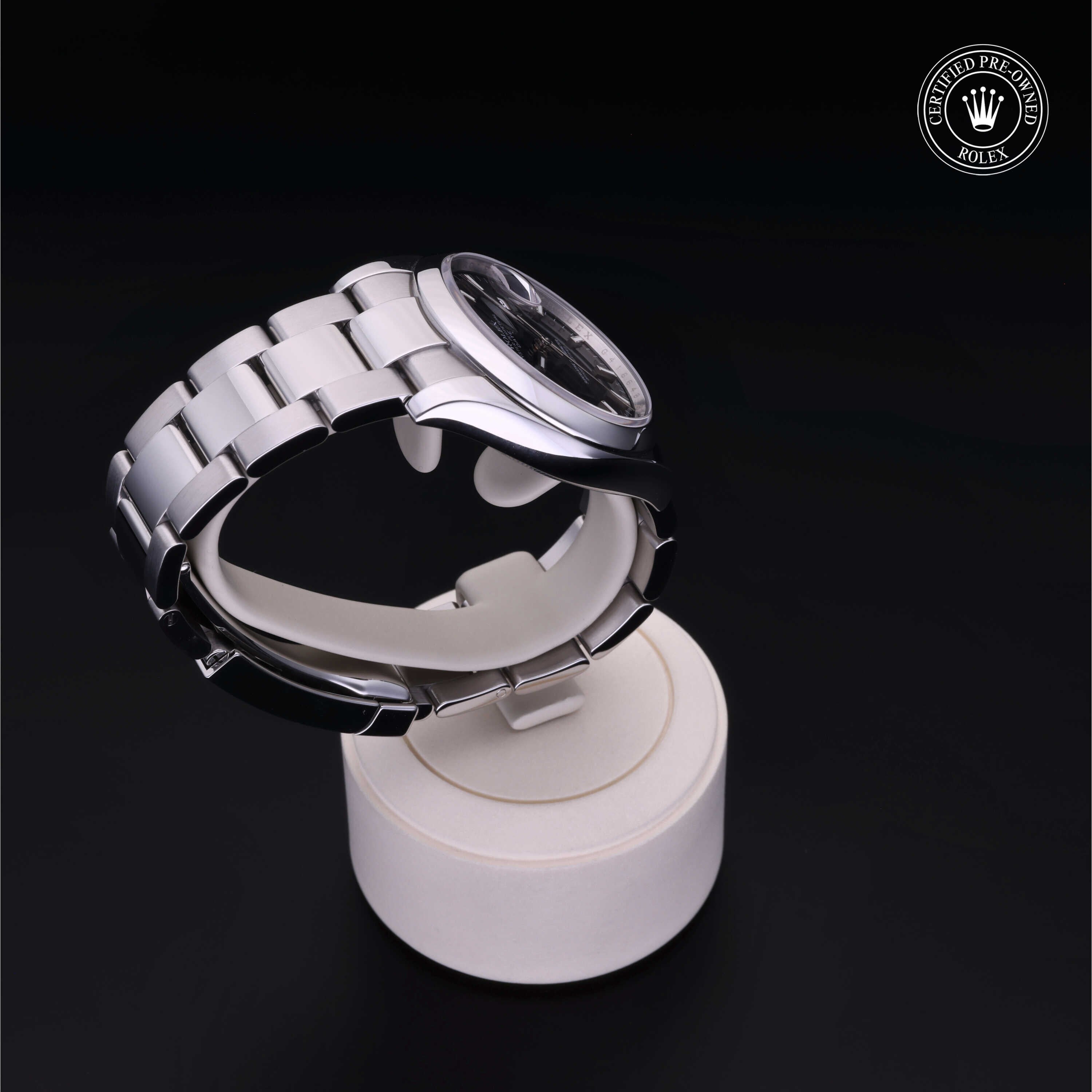 Rolex Certified Pre-owned Oyster Perpetual M115200-0004 front on black background