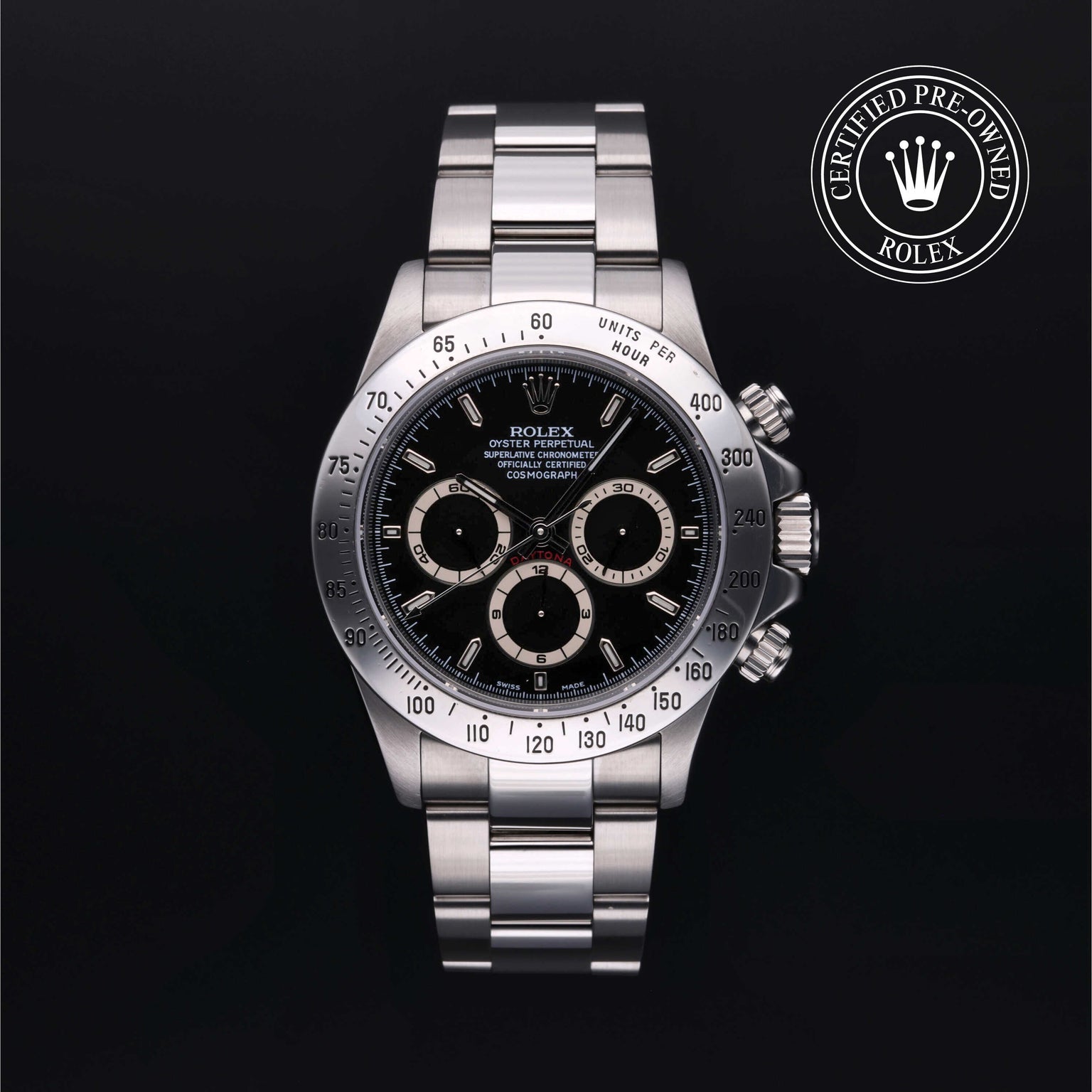 Rolex Certified Pre-owned Daytona M16520-0002 front on black background