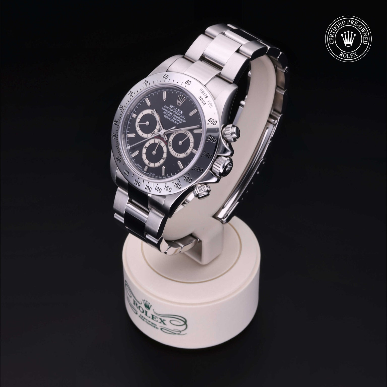 Rolex Certified Pre-owned Daytona M16520-0002 front on black background