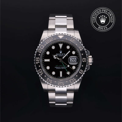 Rolex Certified Pre-owned GMT II M116710LN-0001 front on black background