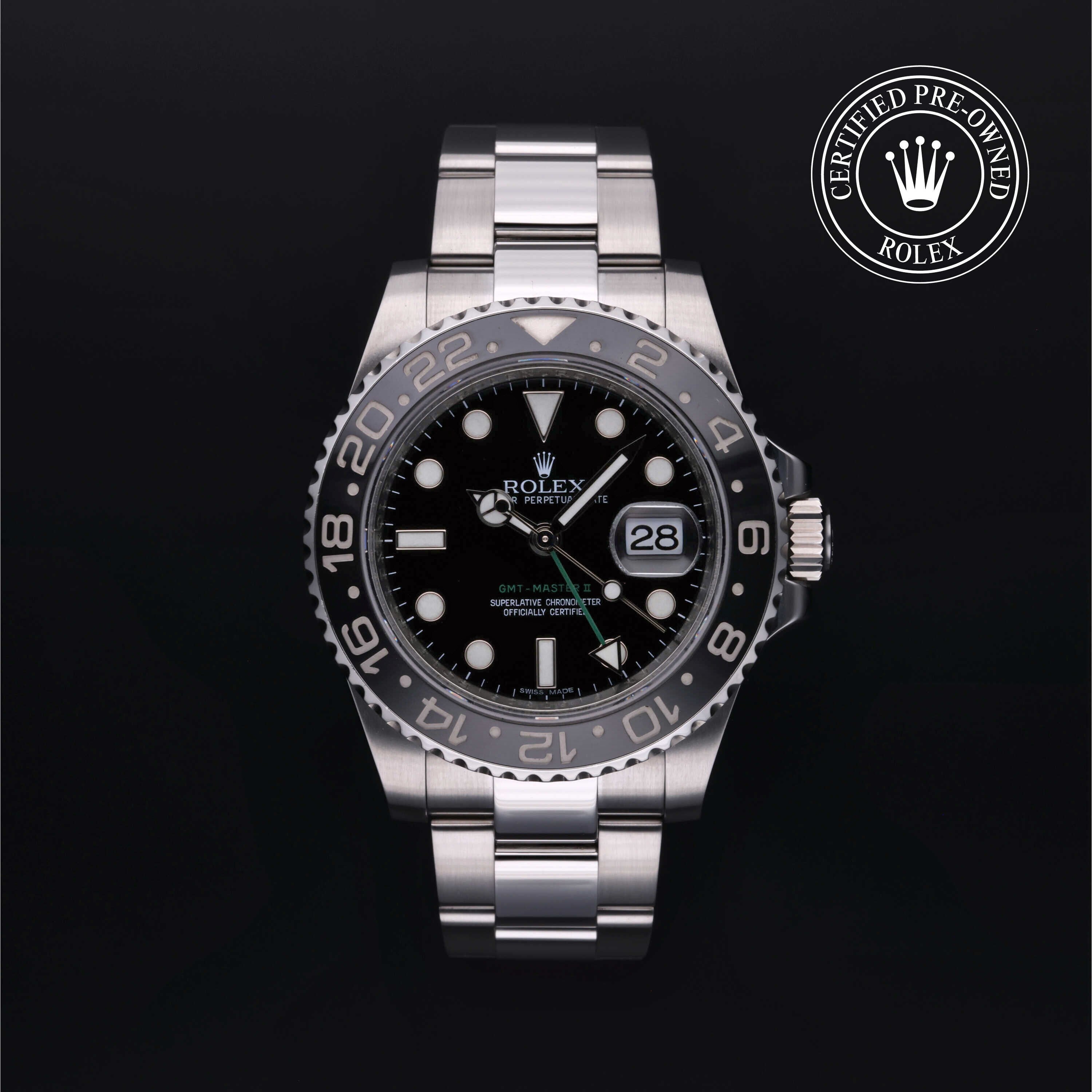 Rolex Certified Pre-owned GMT II M116710LN-0001 front on black background