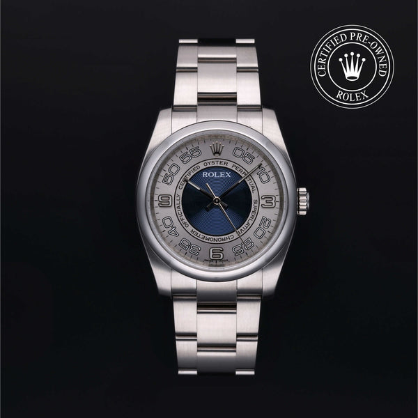 Rolex Certified Pre-owned Oyster Perpetual M116000-0004 front on black background
