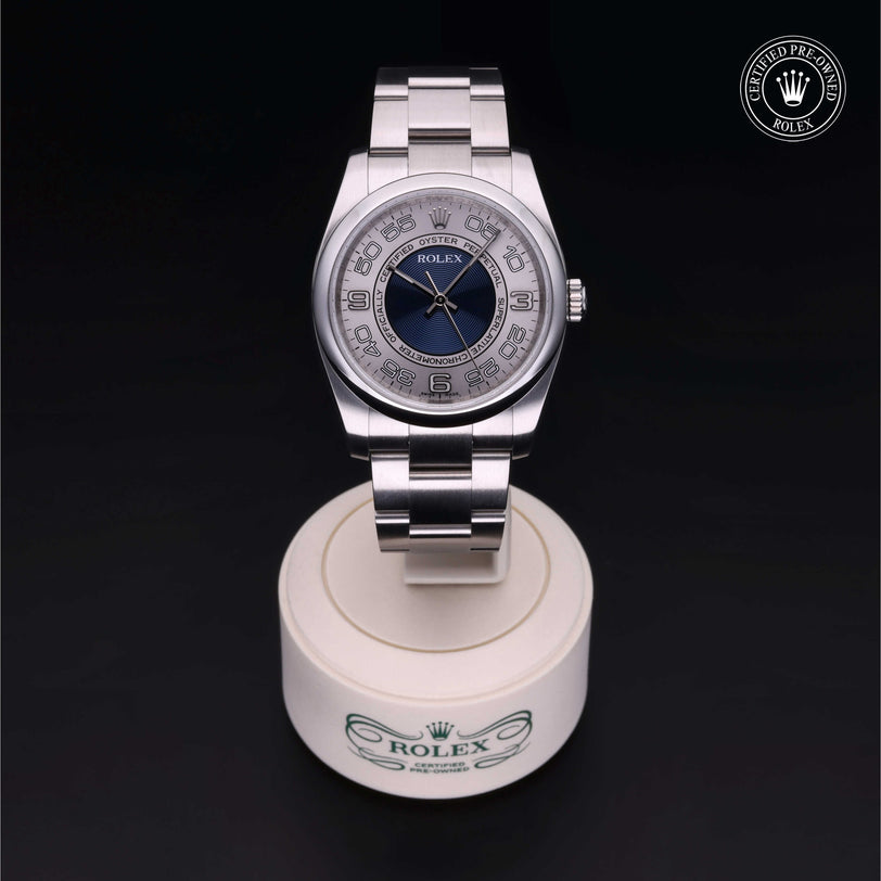 Rolex Certified Pre-owned Oyster Perpetual M116000-0004 front on black background