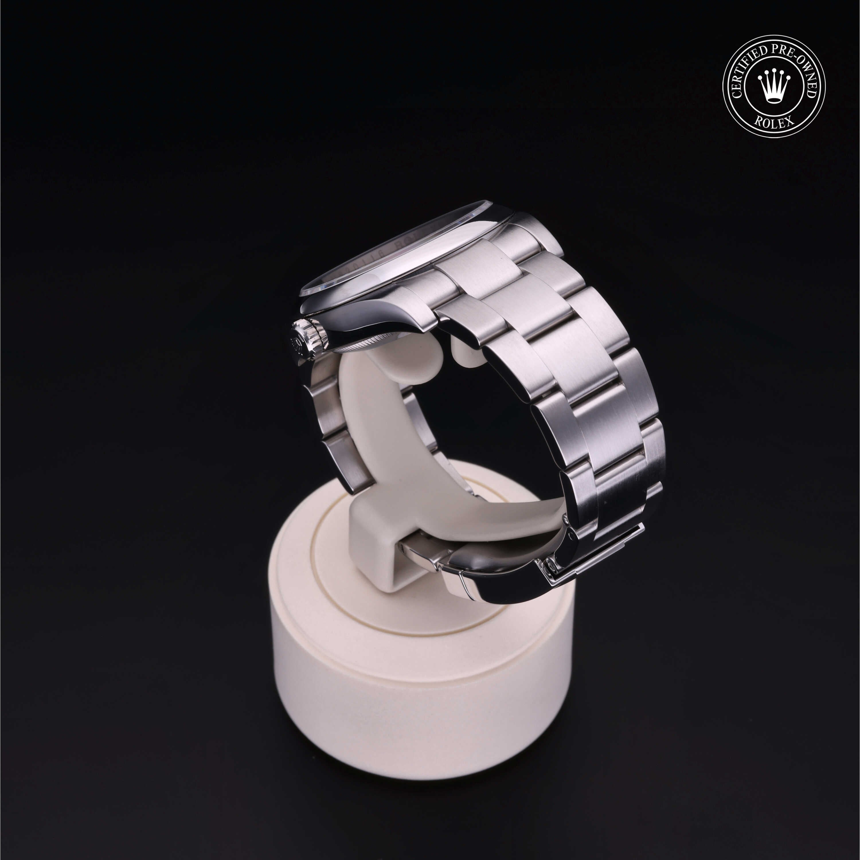 Rolex Certified Pre-owned Oyster Perpetual M116000-0004 front on black background
