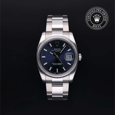 Rolex Certified Pre-owned Date M115200-0007 front on black background