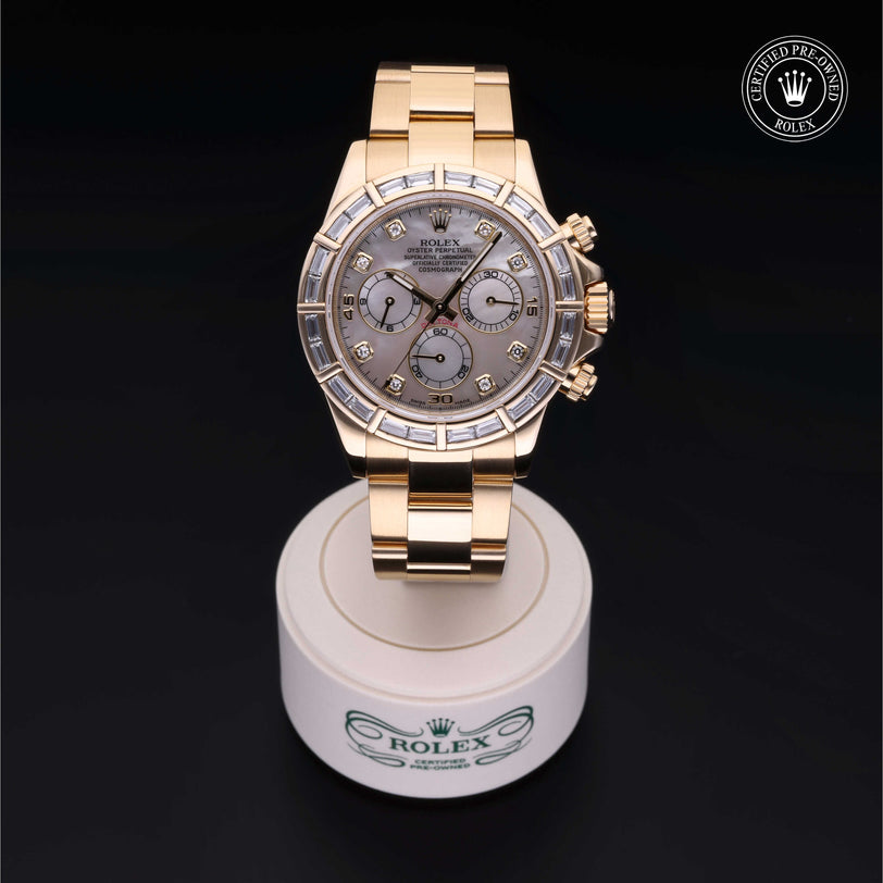 Rolex Certified Pre-owned Daytona M116568BR-0002 front on black background