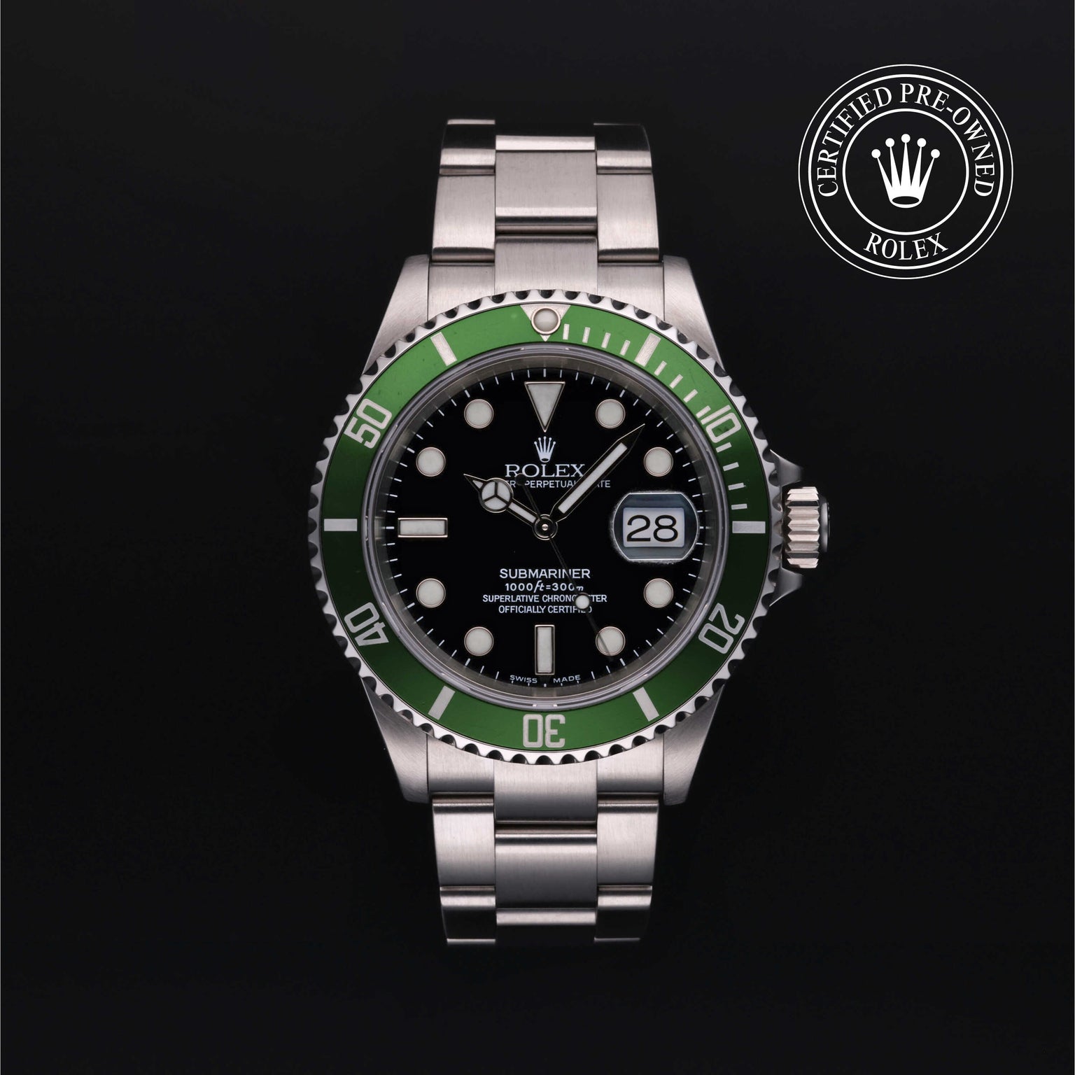 Rolex Certified Pre-owned Submariner Date M16610LV-0002 front on black background