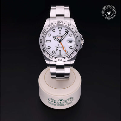 Rolex Certified Pre-owned Explorer II M216570-0001 front on black background