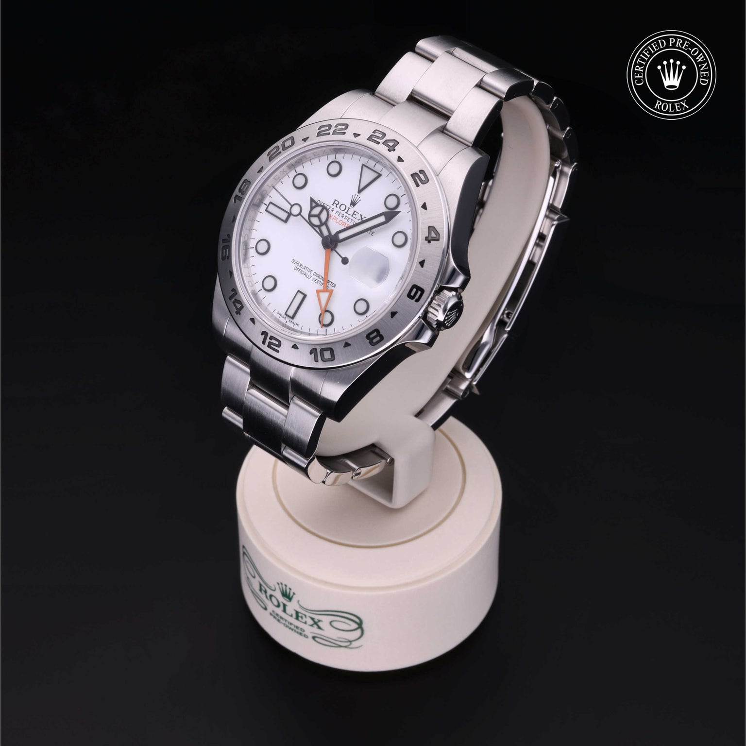 Rolex Certified Pre-owned Explorer II M216570-0001 front on black background
