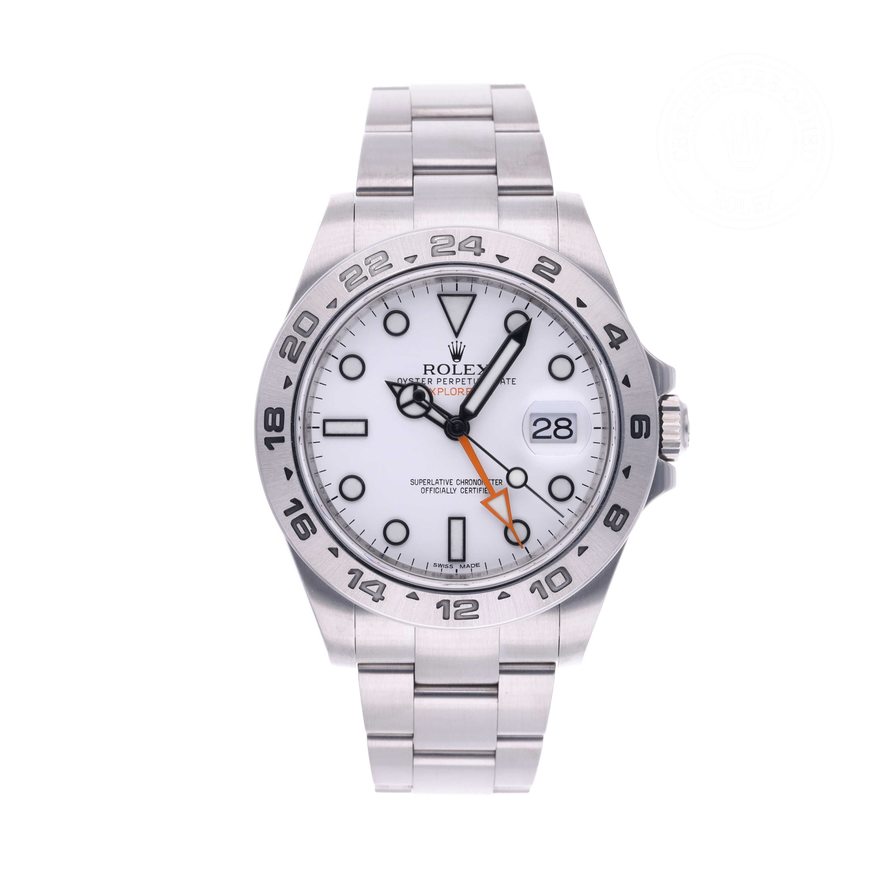 Rolex Certified Pre-owned Explorer II M216570-0001 front on white background