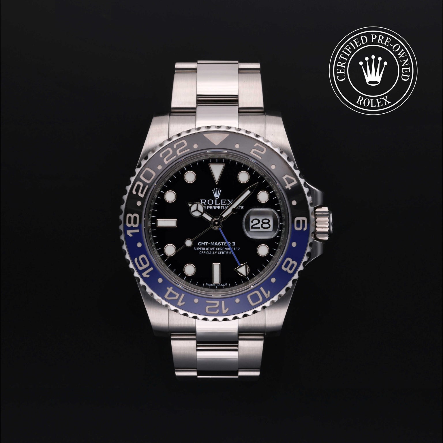 Rolex Certified Pre-owned GMT M116710BLNR-0002 front on black background
