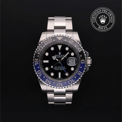 Rolex Certified Pre-owned GMT M116710BLNR-0002 front on black background