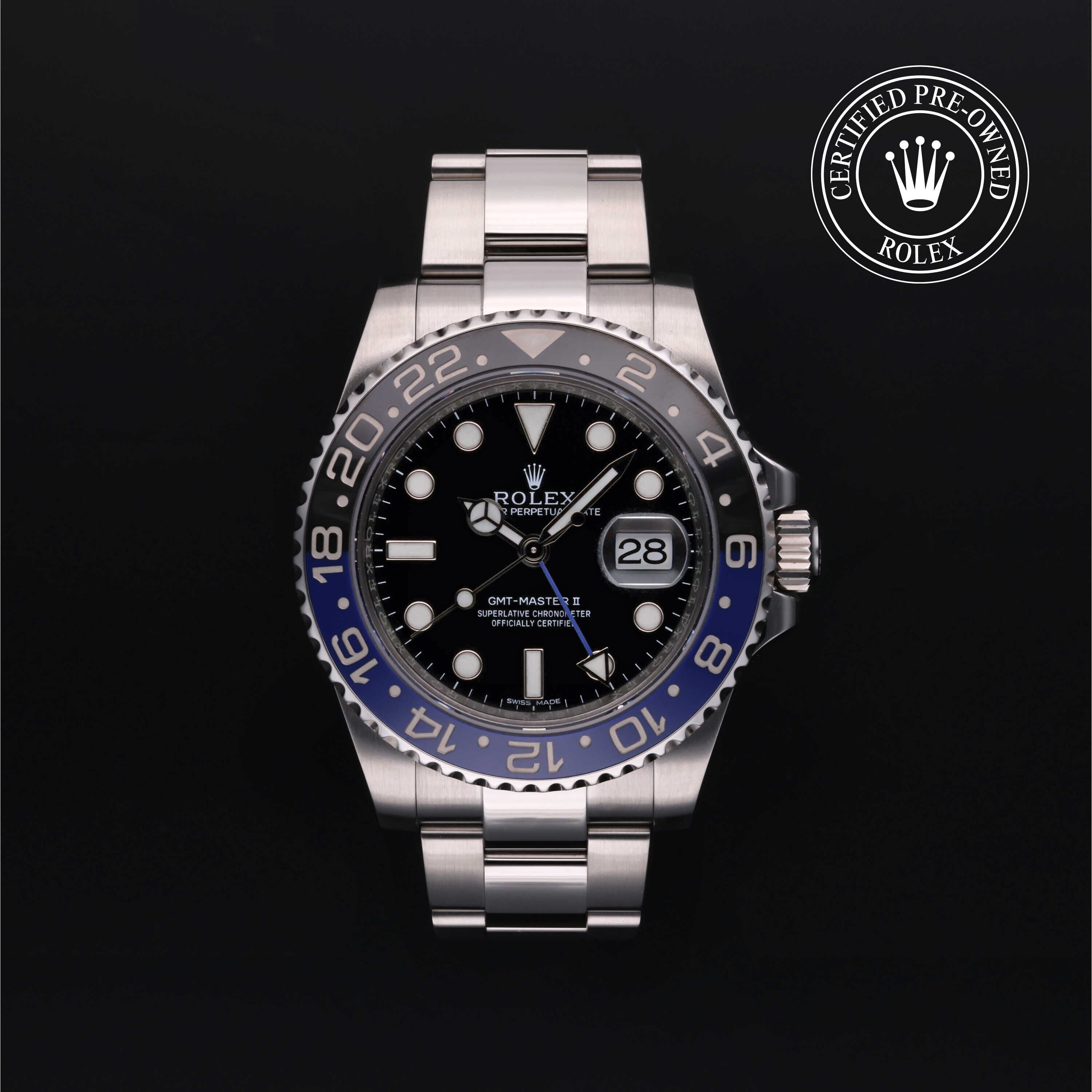 Rolex Certified Pre-owned GMT M116710BLNR-0002 front on black background