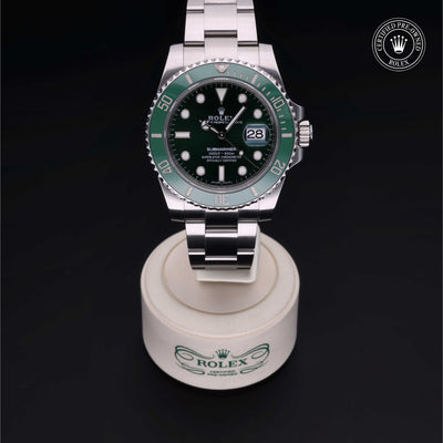 Rolex Certified Pre-owned Submariner M116610LV-0002 front on black background
