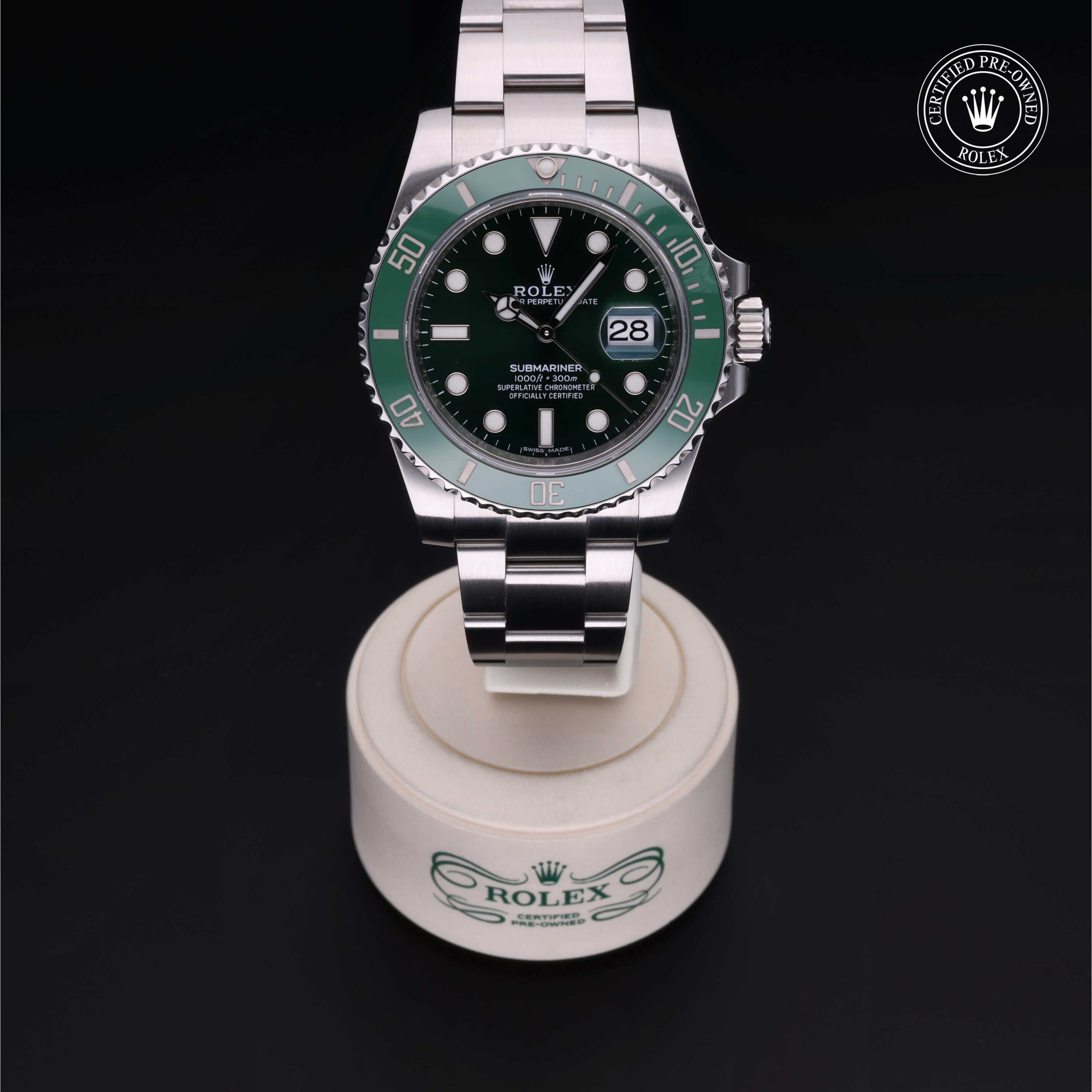 Rolex Certified Pre-owned Submariner M116610LV-0002 front on black background