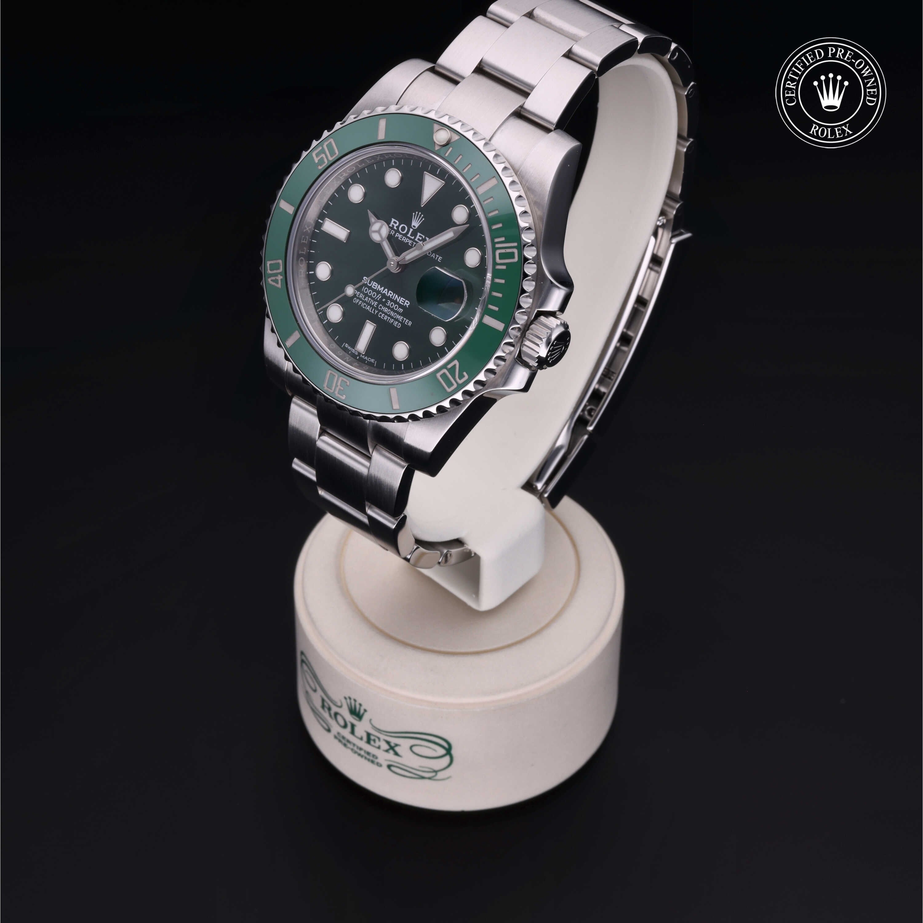 Rolex Certified Pre-owned Submariner M116610LV-0002 front on black background