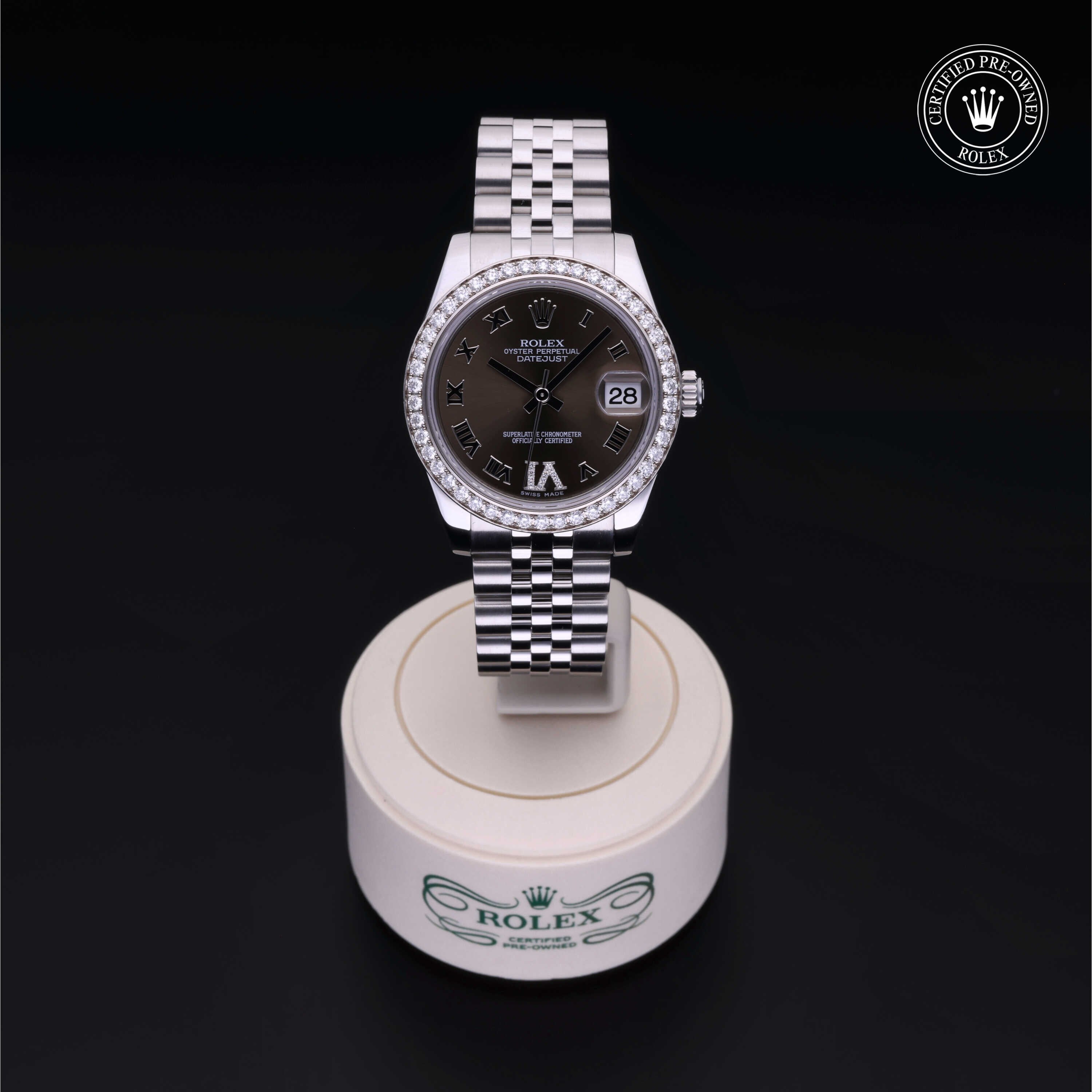 Rolex Certified Pre-owned Lady Datejust M178384-0011 front on black background